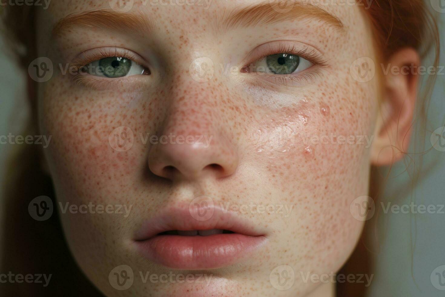 un cerca arriba de un mujer con pecas, rosácea cuperosis enrojecimiento piel ai generado foto