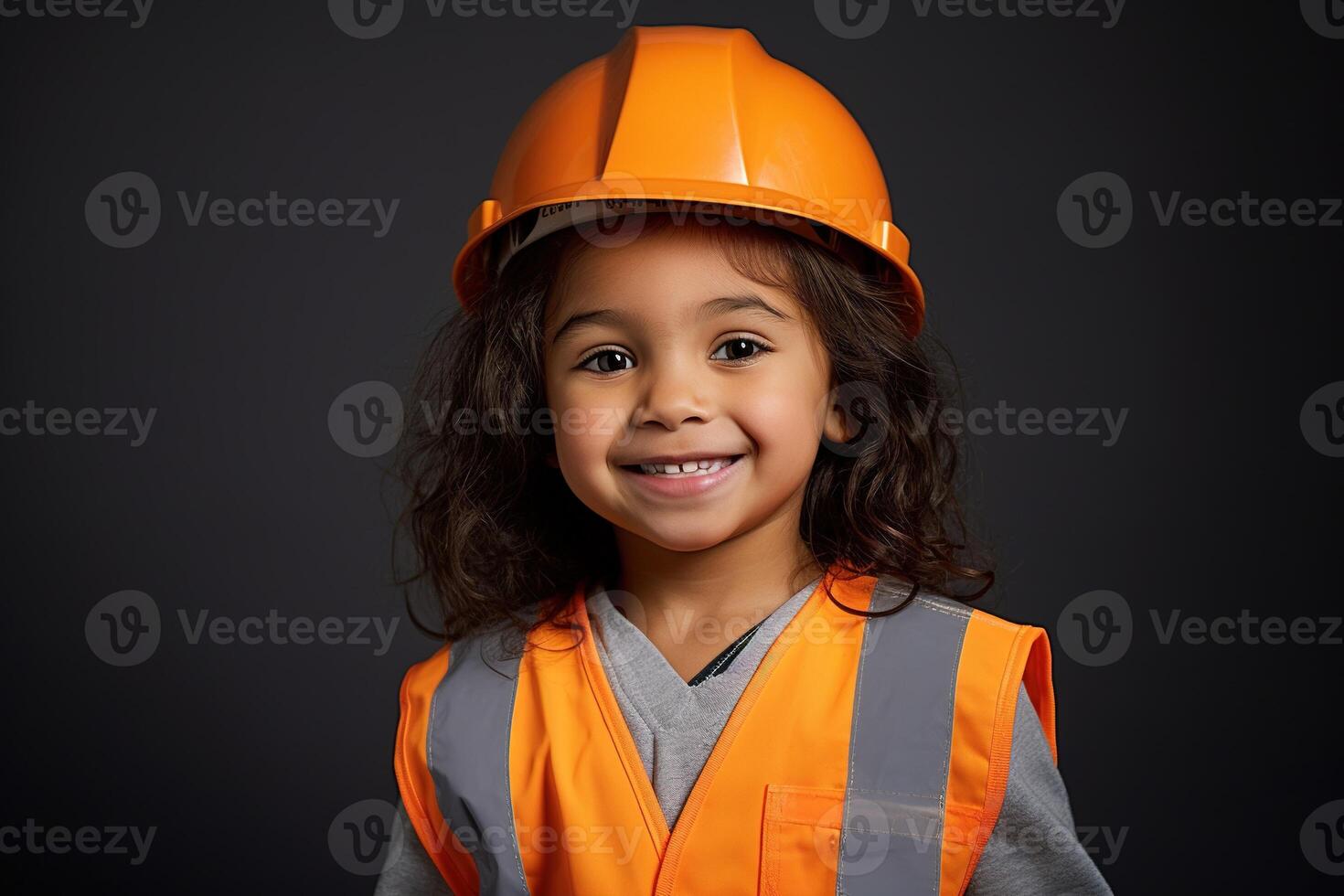 Portrait of a smiling little girl in a construction helmet photo