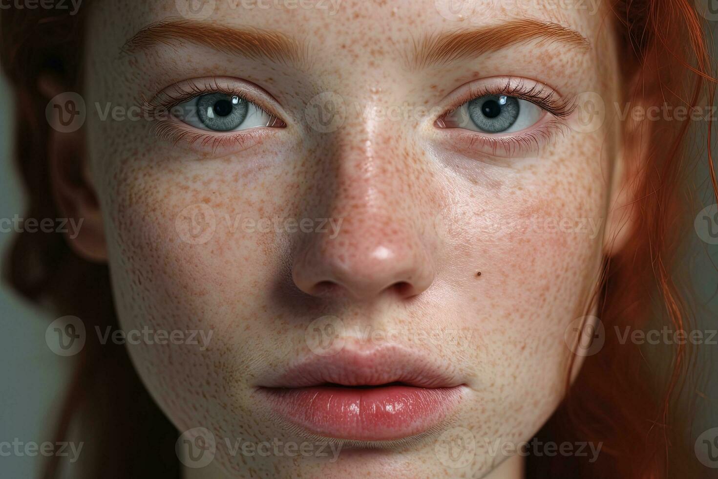 a close up of a woman with freckles AI generated photo