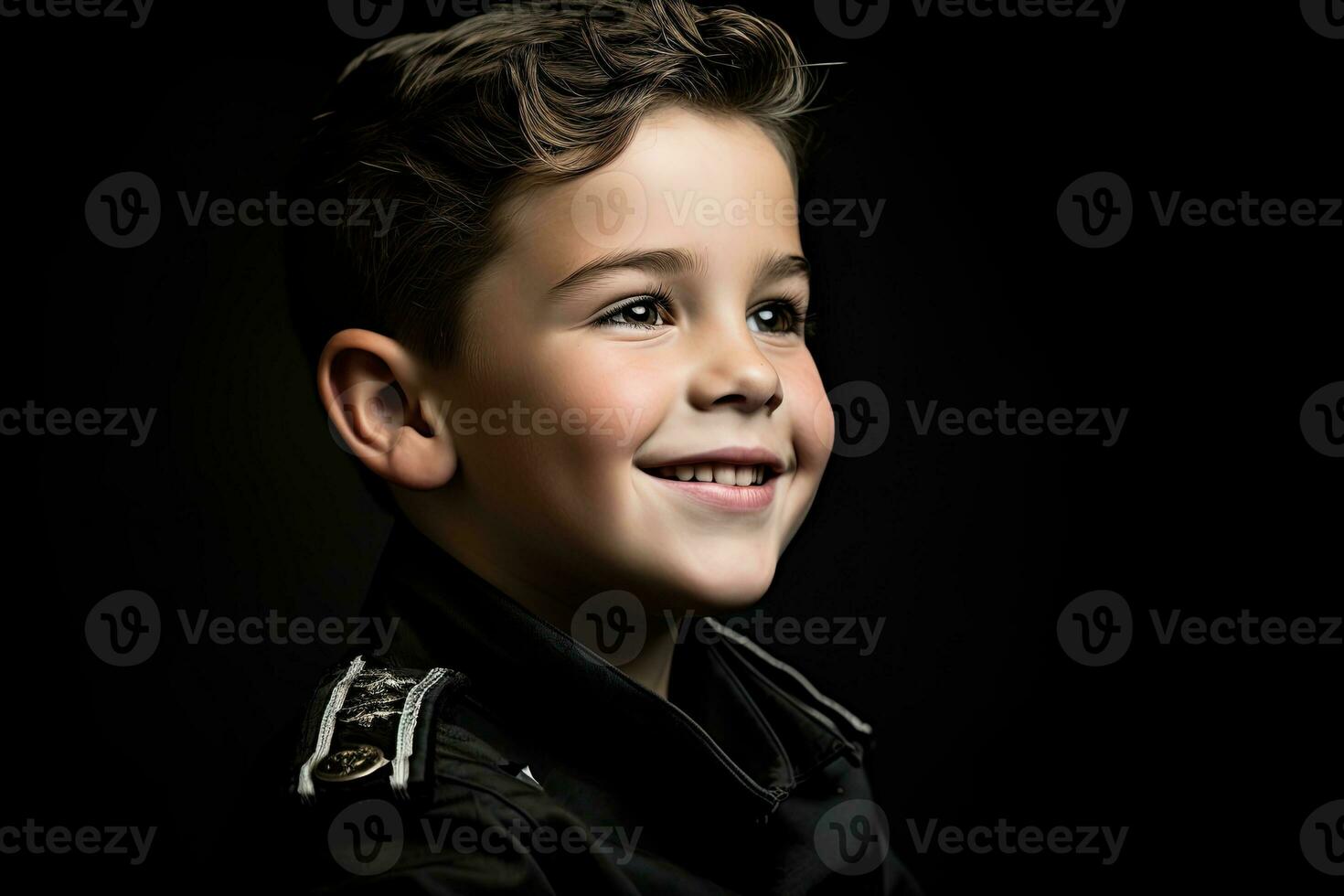 retrato de un linda pequeño chico en militar uniforme en oscuro antecedentes ai generado foto