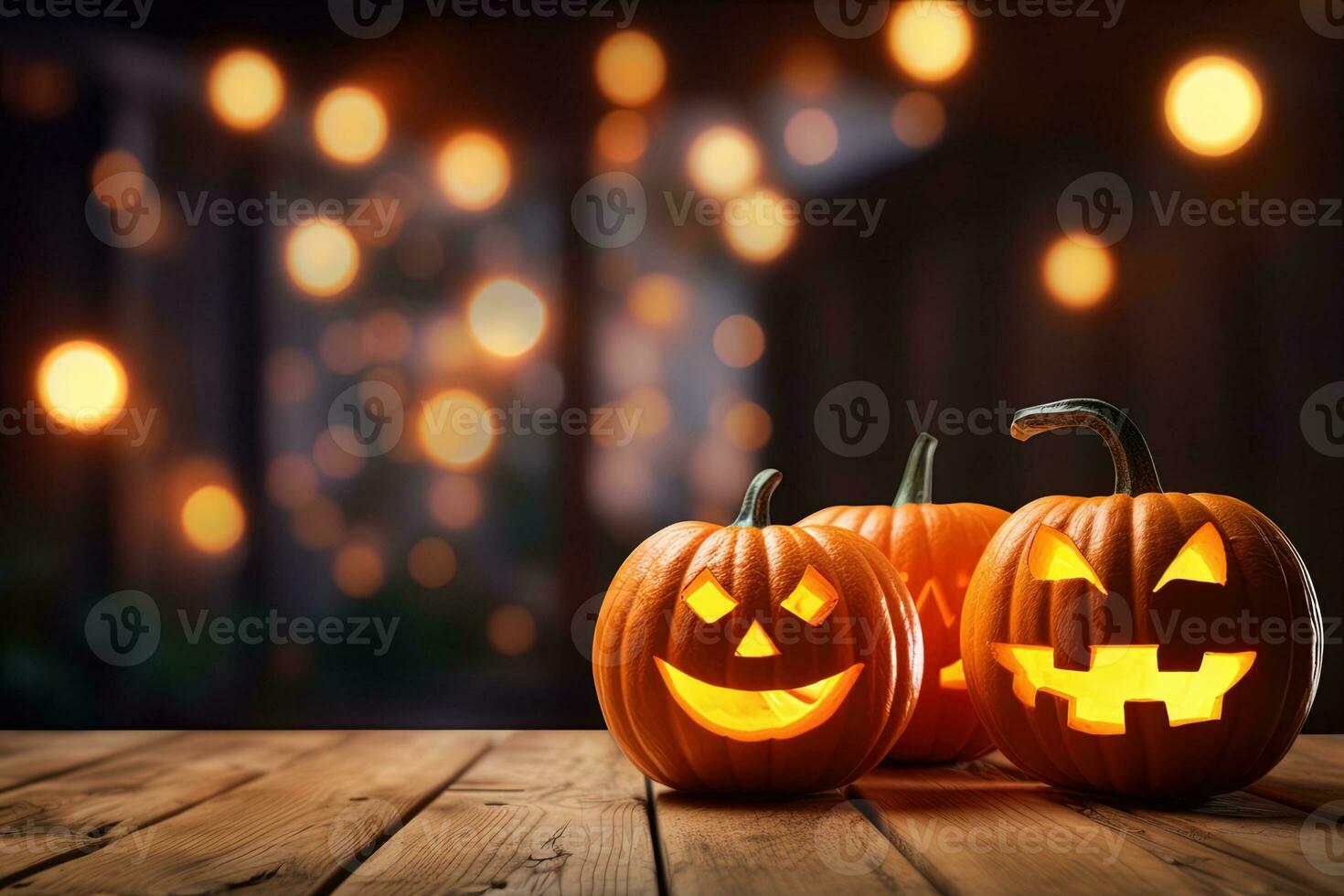 Halloween pumpkins on wooden table with bokeh lights background AI Generated photo