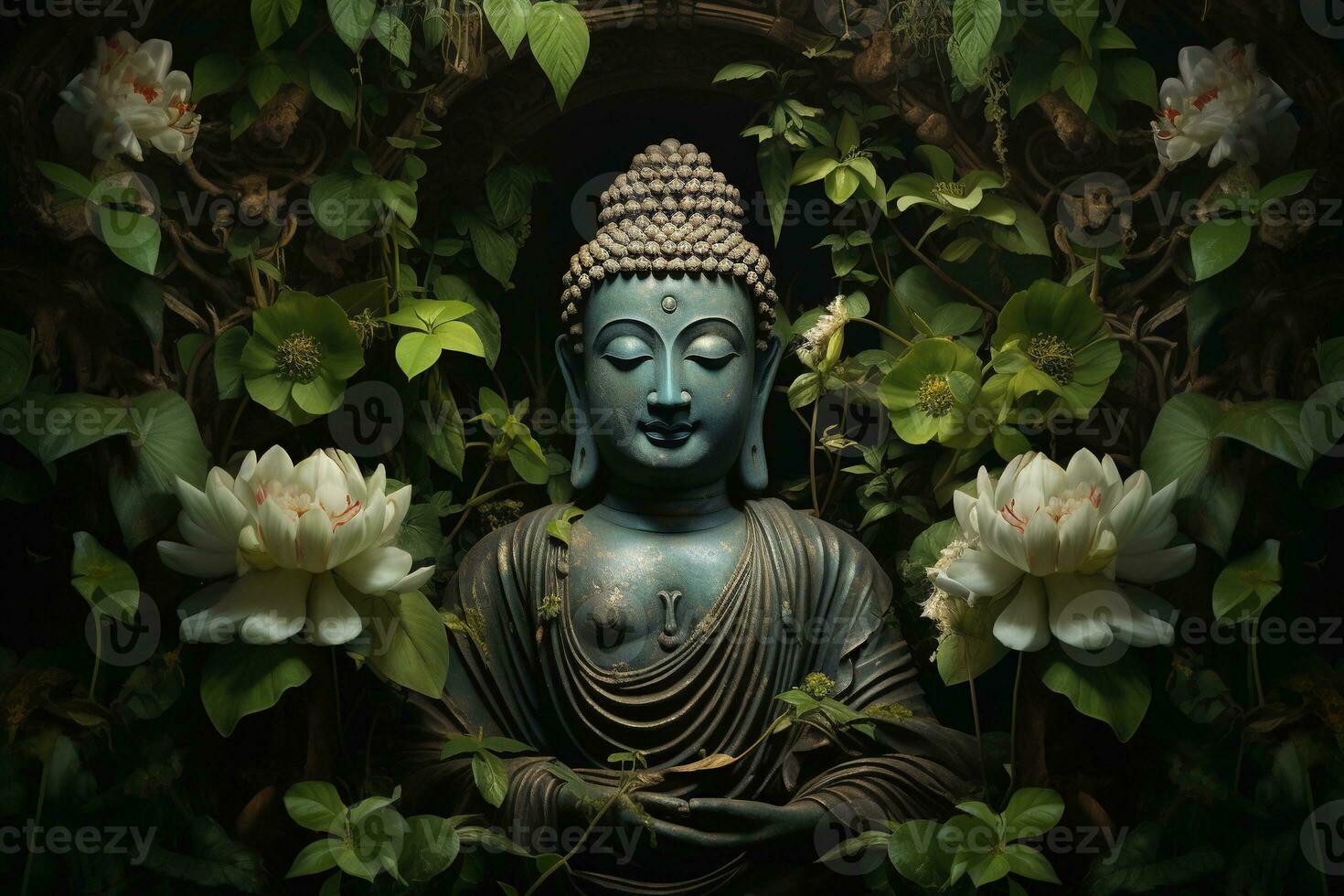 Buddha statue with lotus flower and green leaves background AI Generated photo