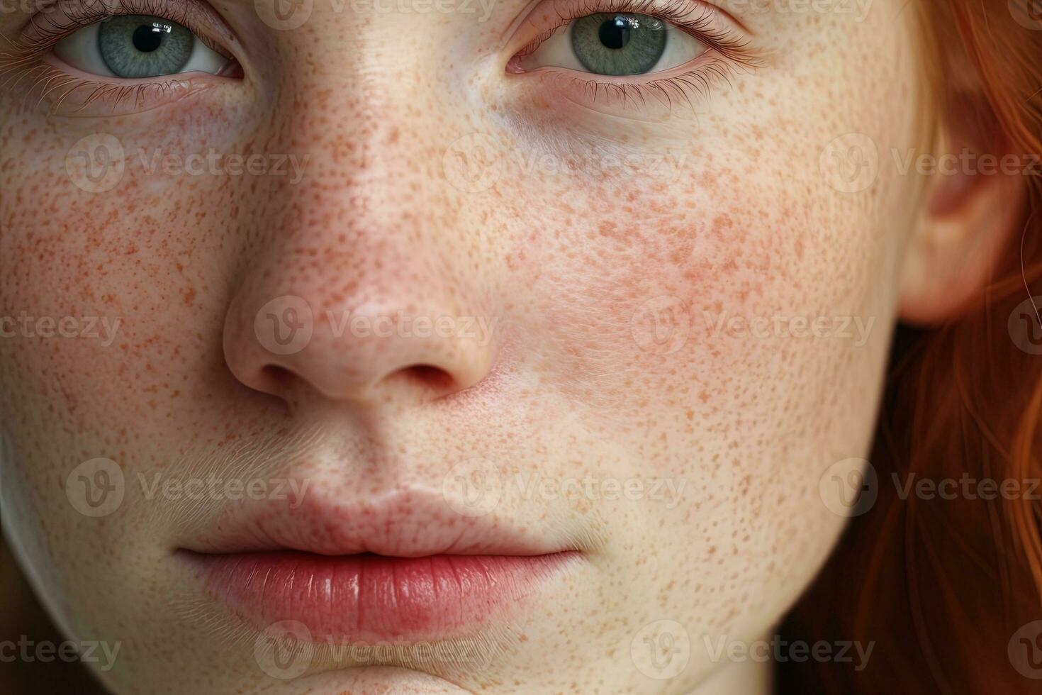 un cerca arriba de un mujer con pecas, rosácea cuperosis enrojecimiento piel ai generado foto