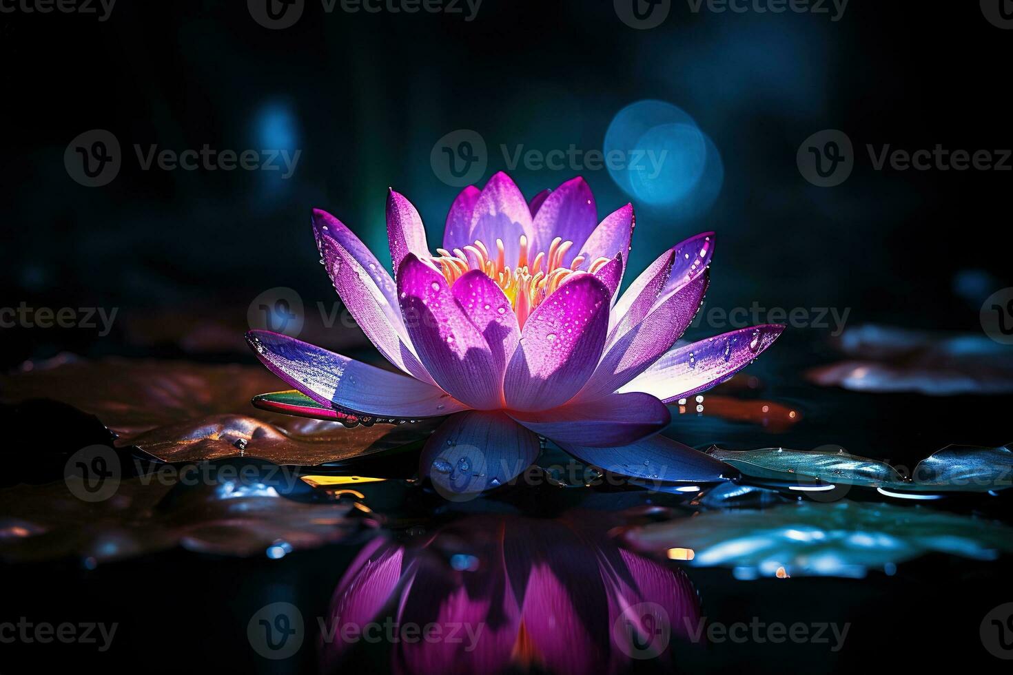 Beautiful pink water lily or lotus flower on dark background AI Generated photo