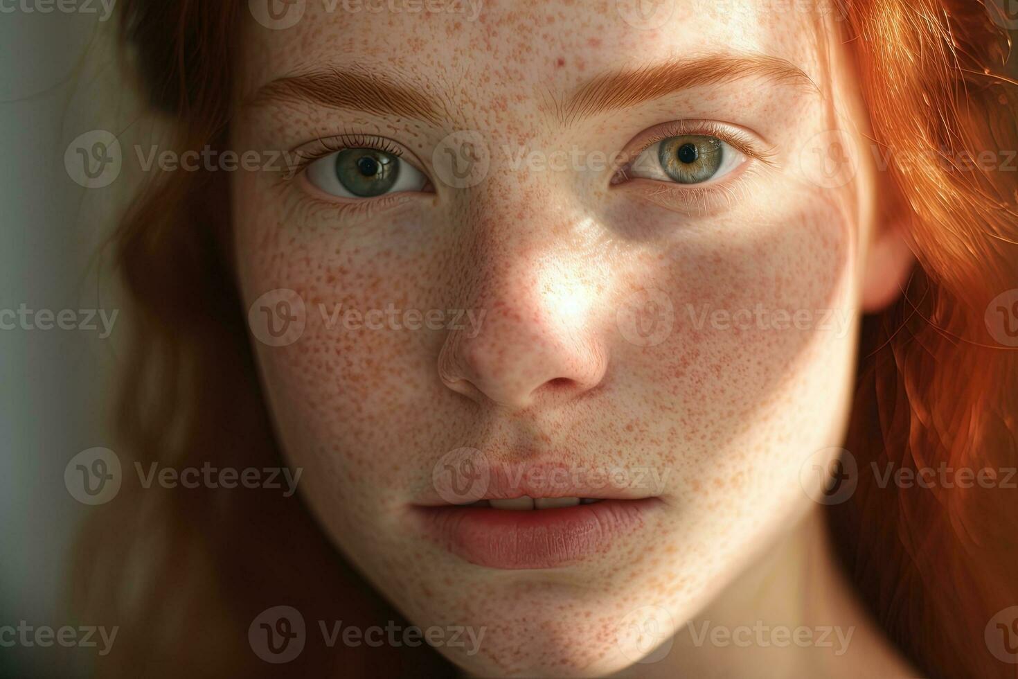 a close up of a woman with freckles,rosacea couperose redness skin AI generated photo