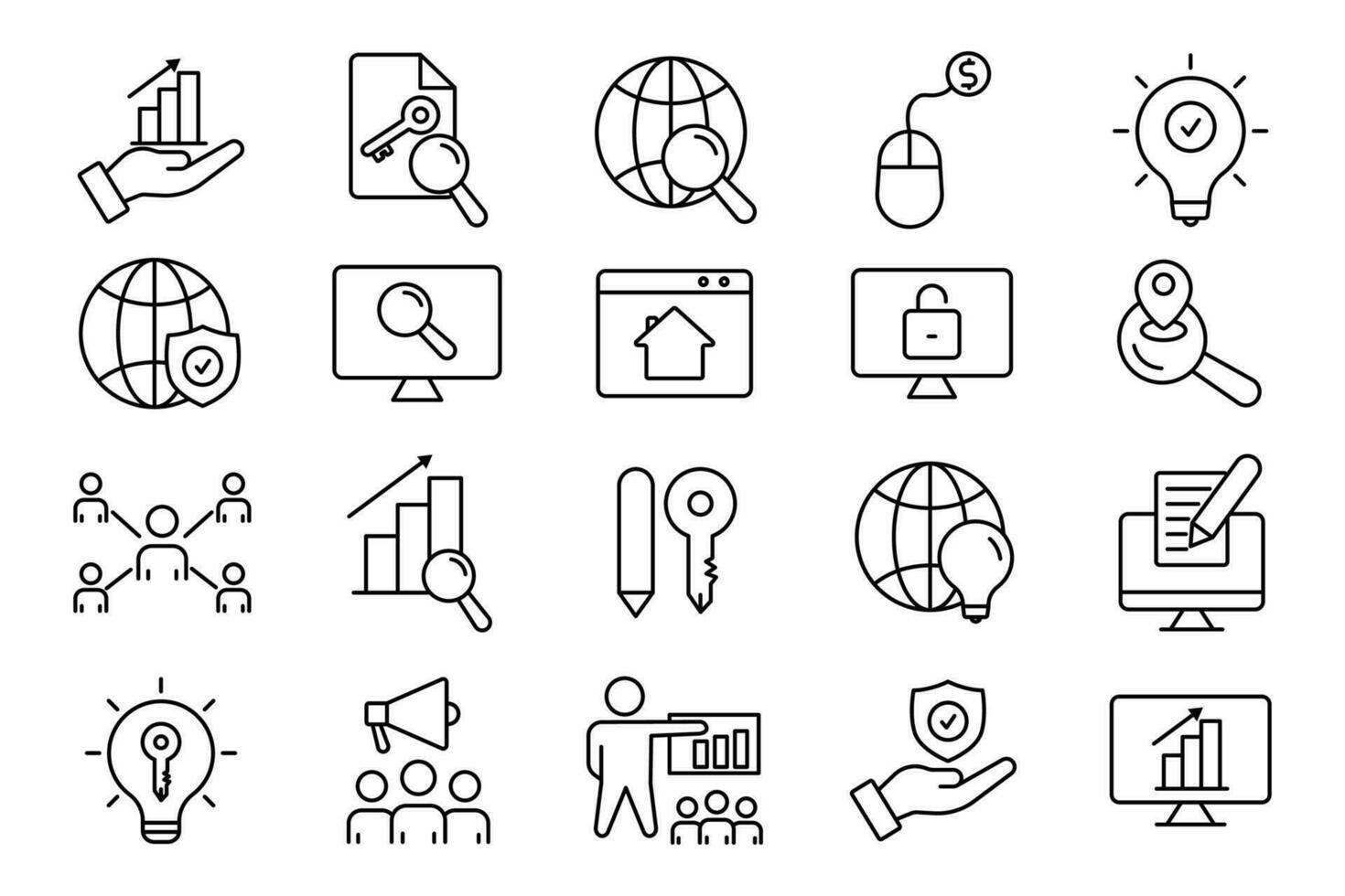 Seo icon set. Search Engine Optimization icon. suitable for web site design, app, user interfaces, business, printable etc. Line icon style. Simple vector design editable.