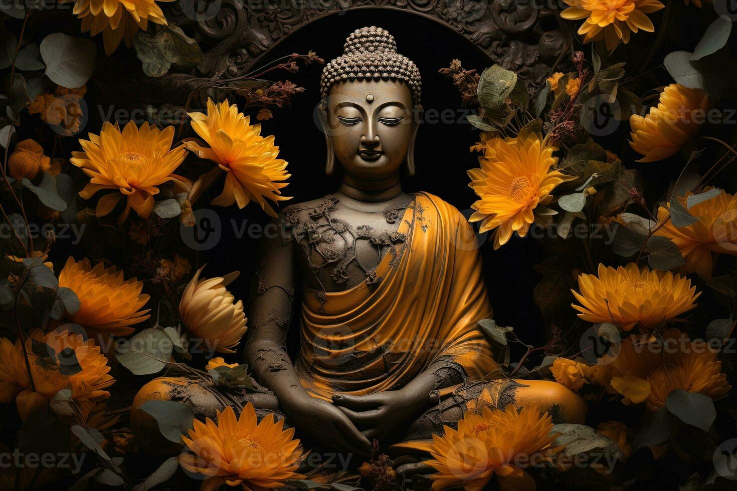 buddha statue surrounded by yellow flowers AI Generated photo