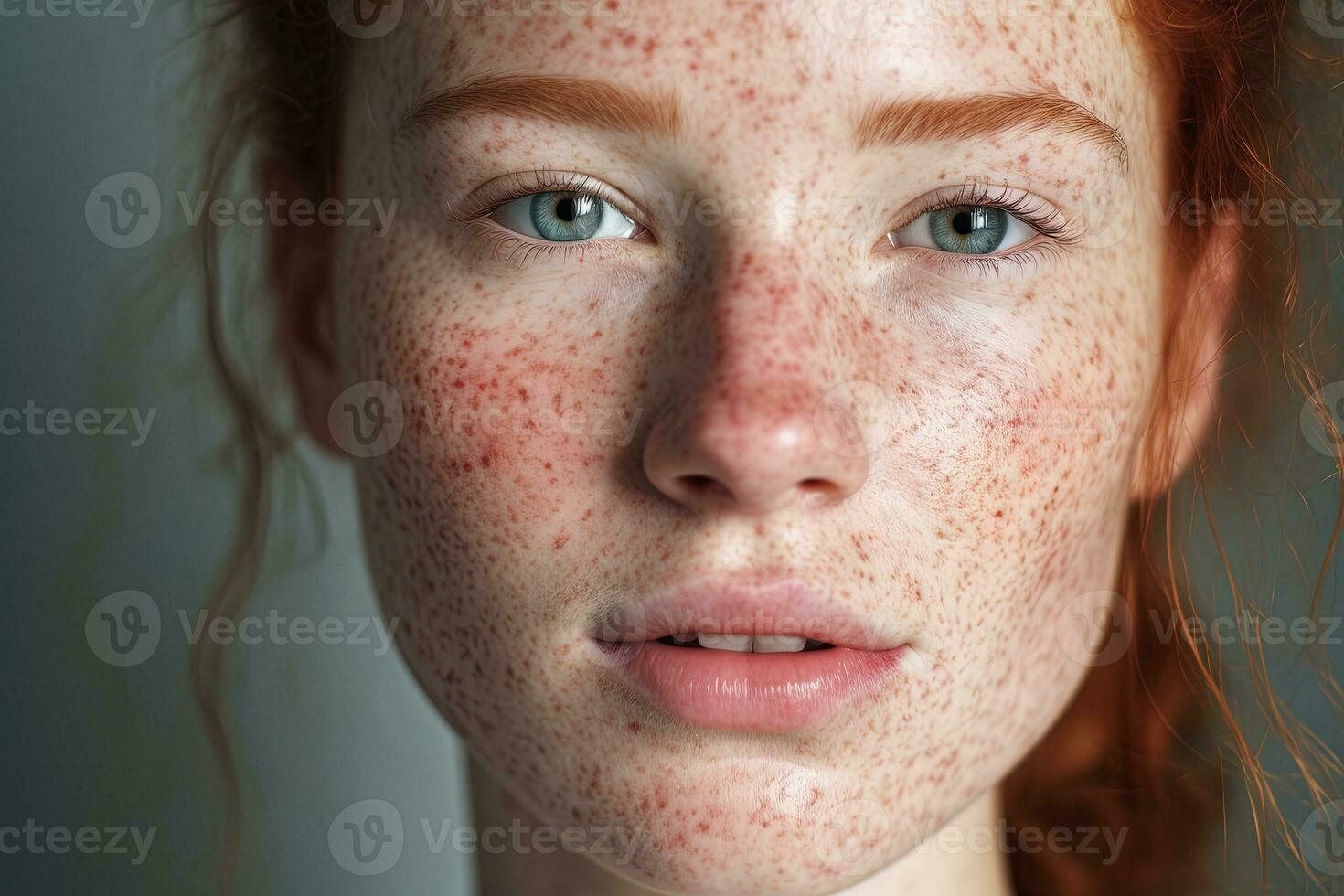 a close up of a woman with freckles,rosacea couperose redness skin AI generated photo
