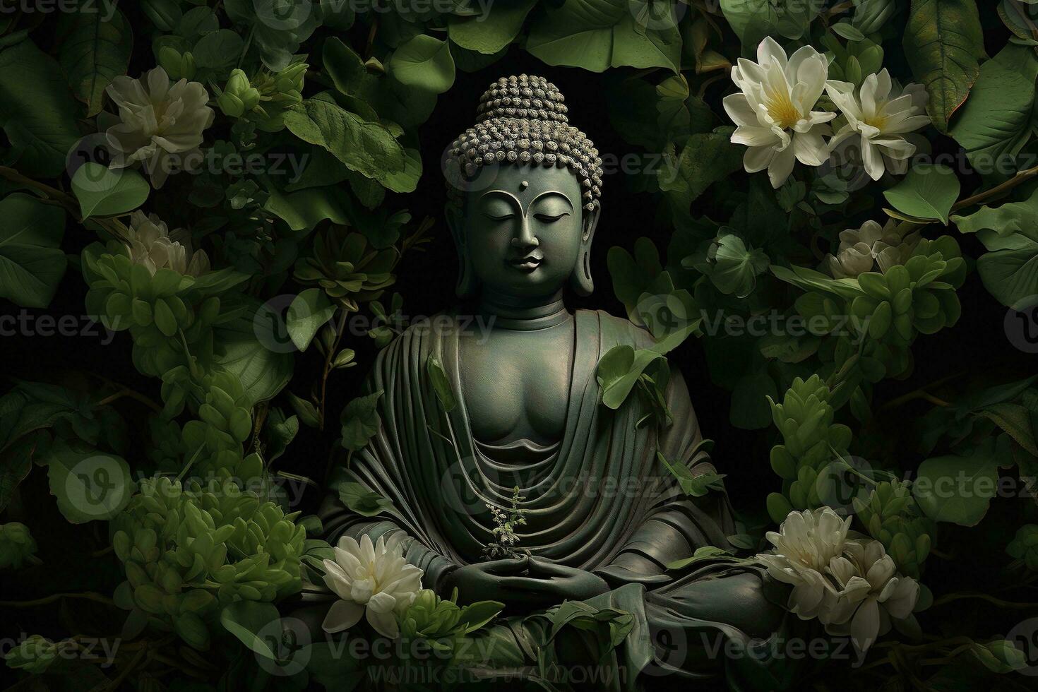 Buddha statue with lotus flower and green leaves background AI Generated photo
