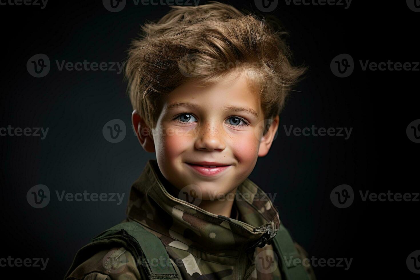 Portrait of a cute little boy in military uniform on dark background AI Generated photo