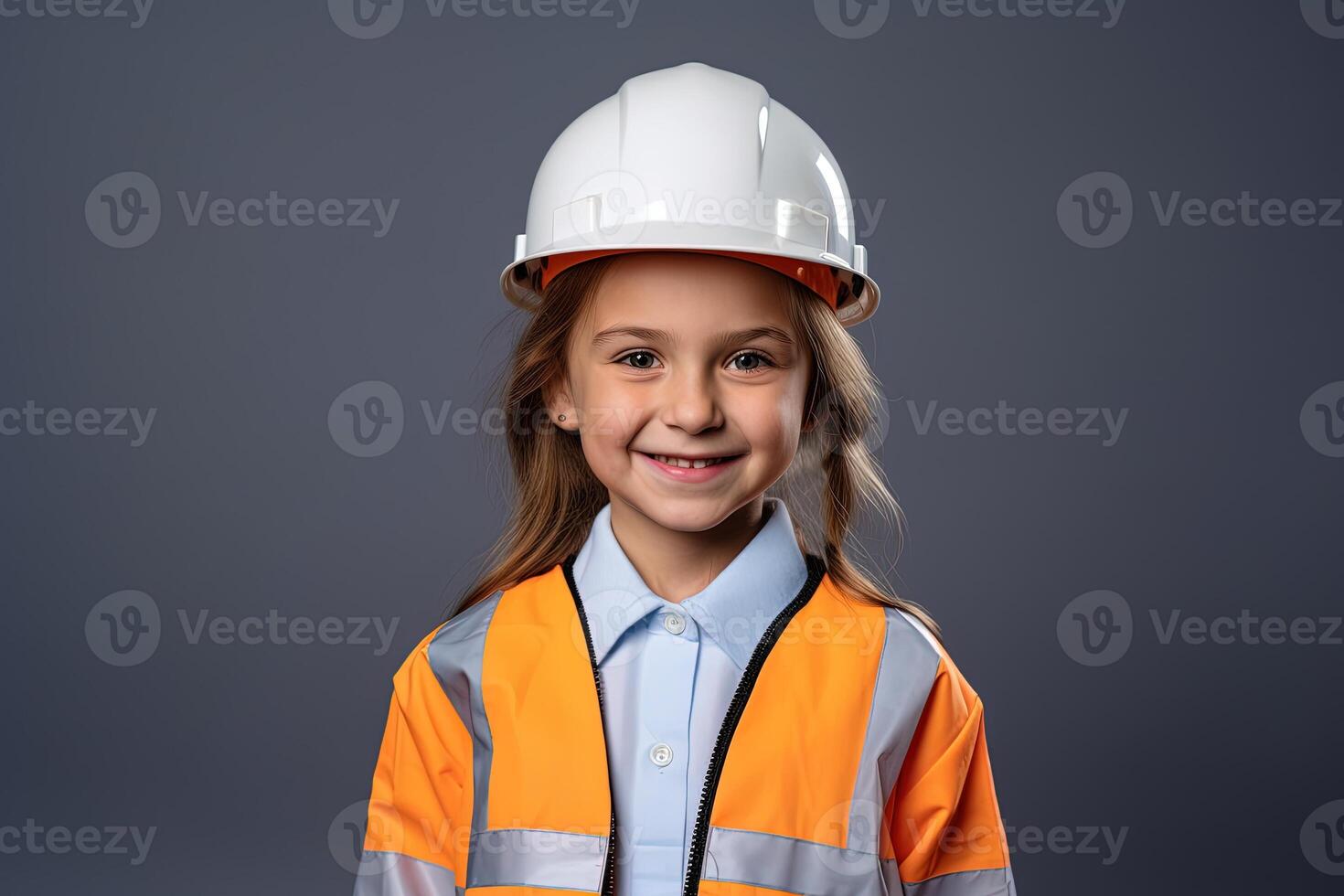Portrait of a smiling little girl in a construction helmet photo