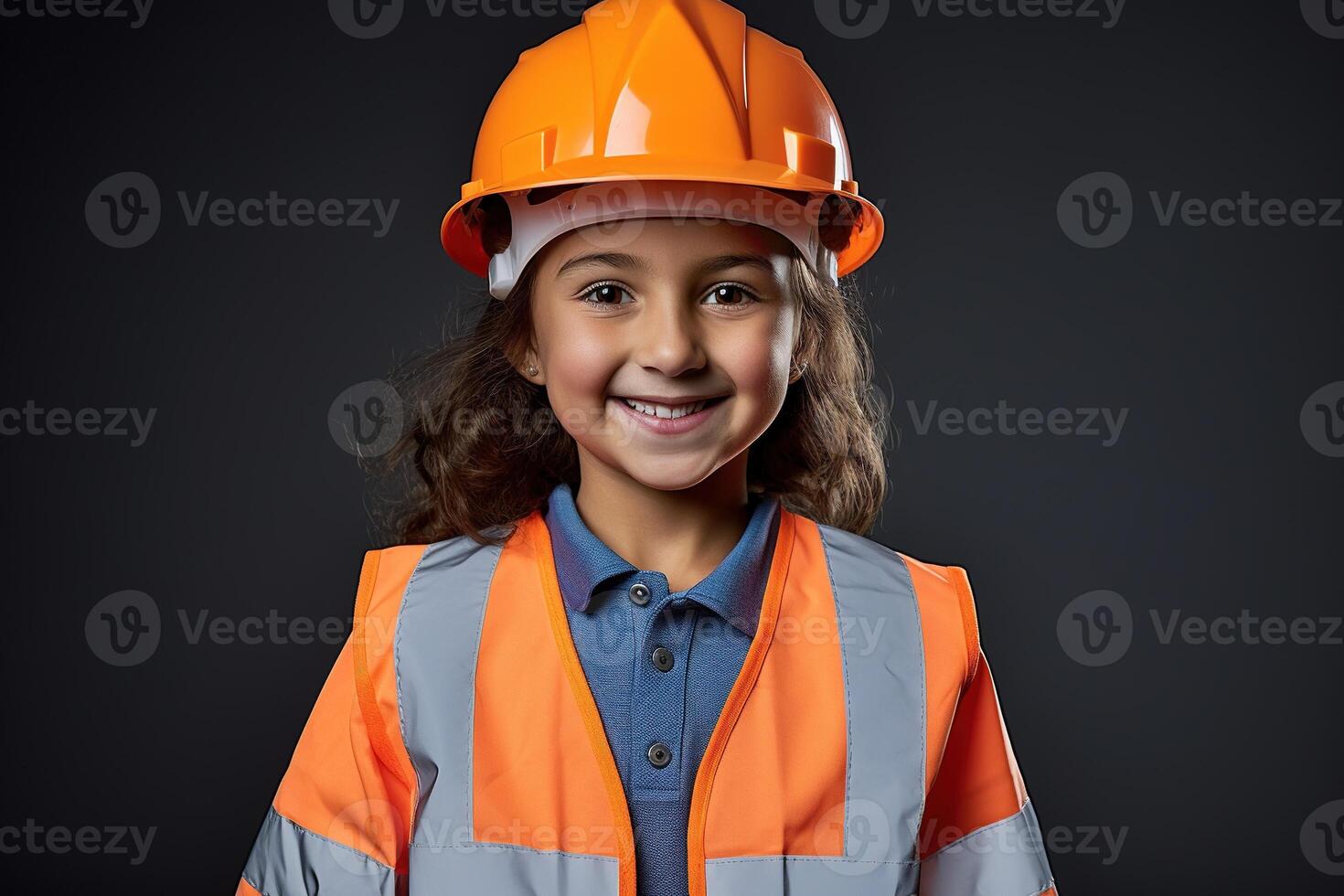 Portrait of a smiling little girl in a construction helmet photo