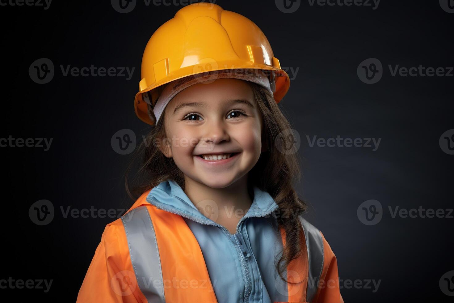Portrait of a smiling little girl in a construction helmet photo