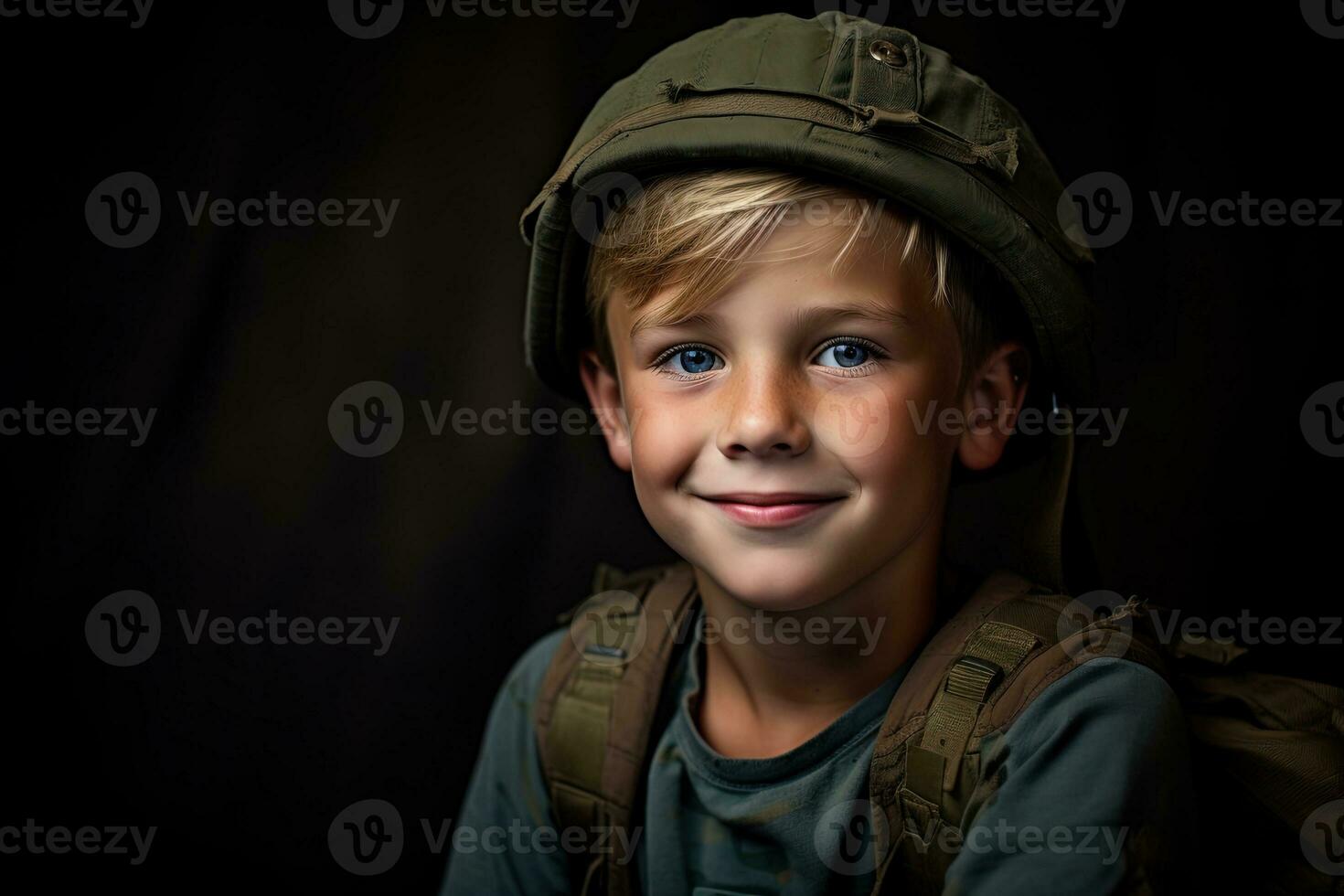 retrato de un linda pequeño chico en militar uniforme en oscuro antecedentes ai generado foto