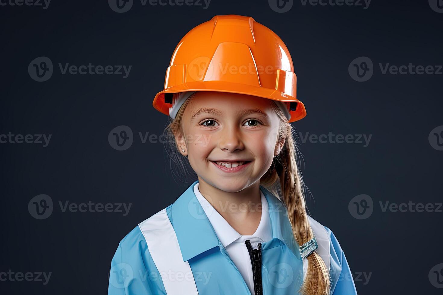Portrait of a smiling little girl in a construction helmet photo