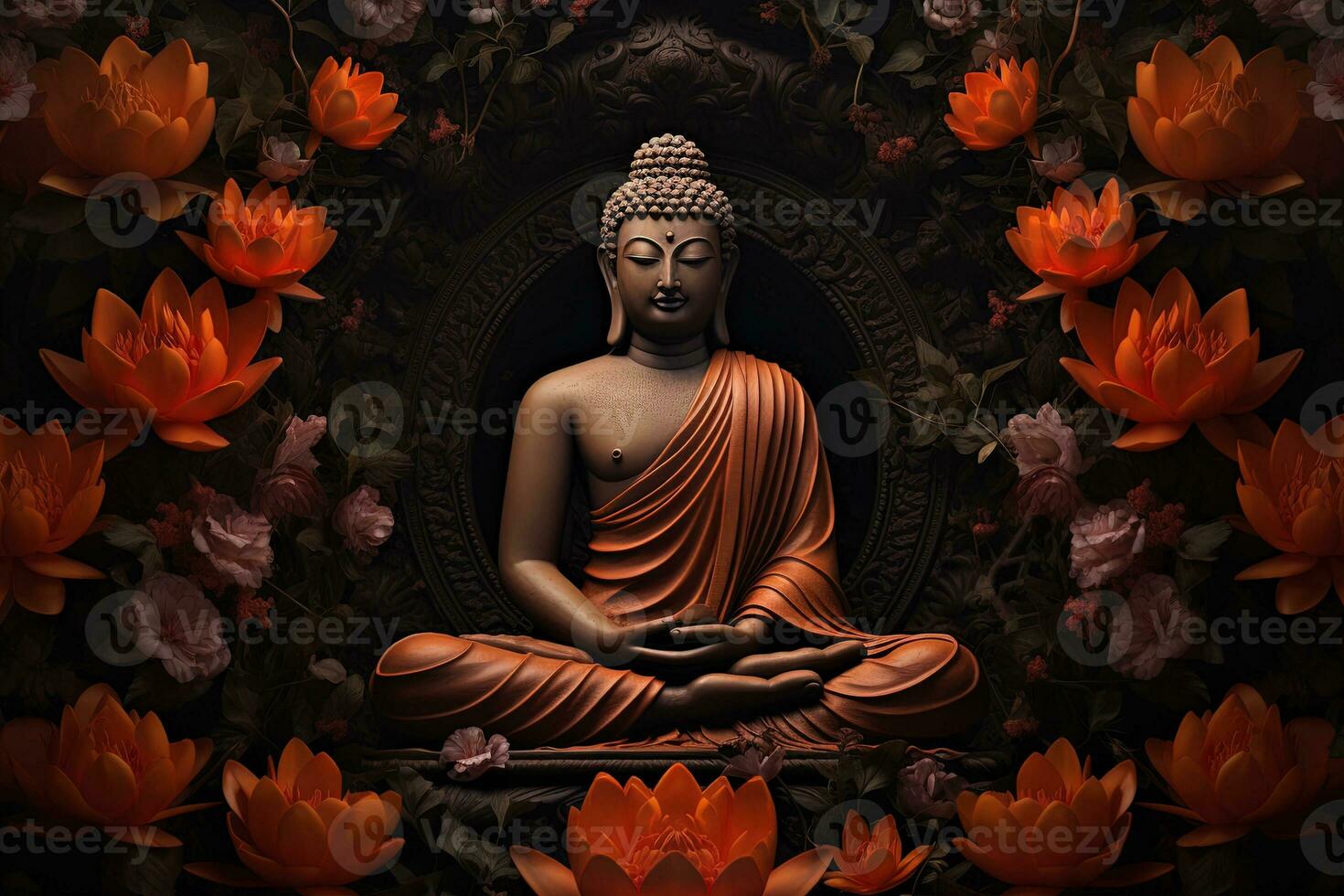 Buddha statue surrounded by orange flowers on a black background AI Generated photo