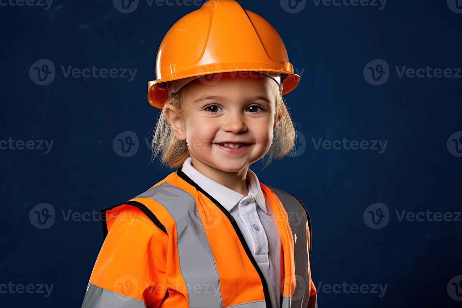 retrato de un linda pequeño chico en un construcción casco ai generado foto