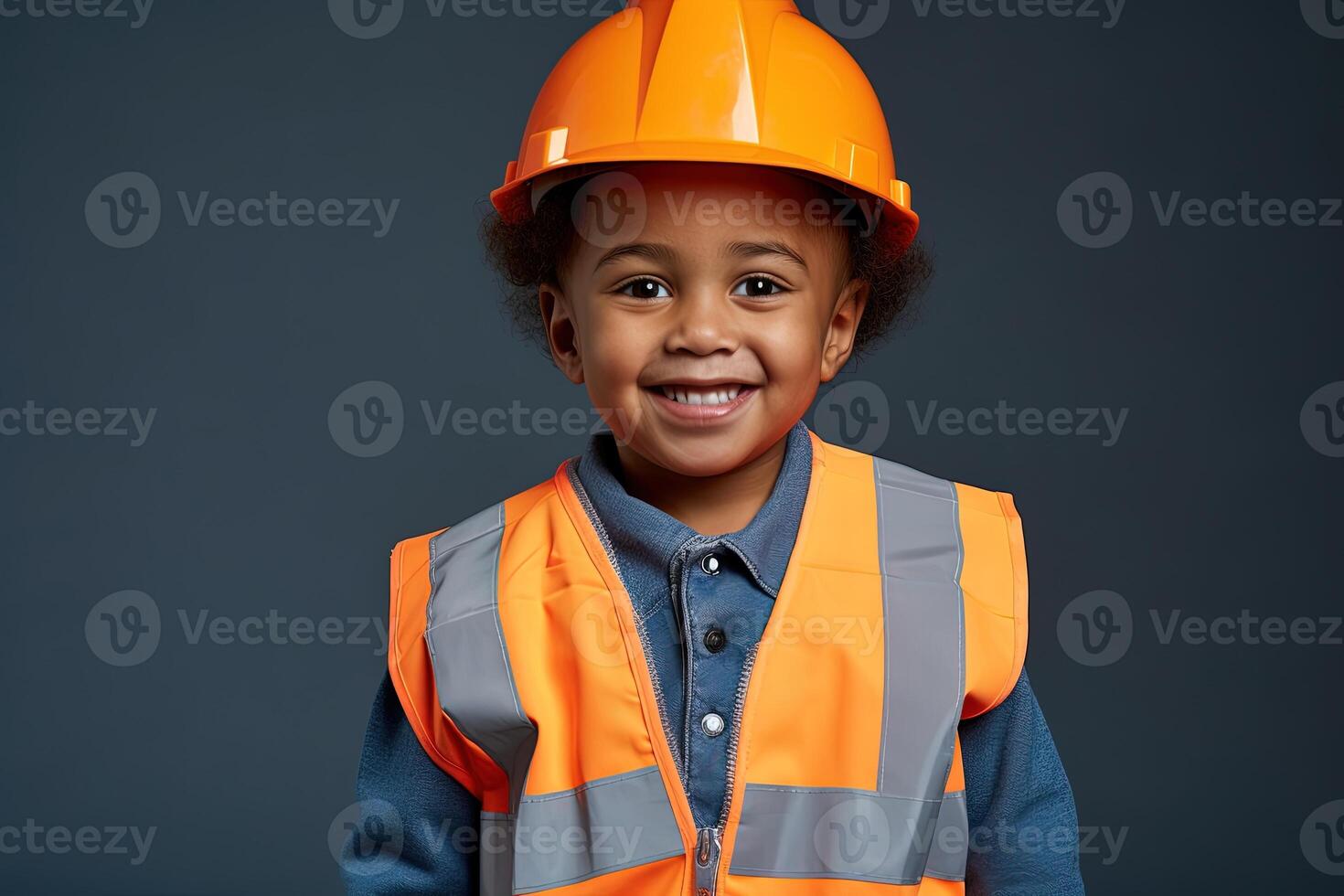 retrato de un linda pequeño chico en un construcción casco ai generado foto