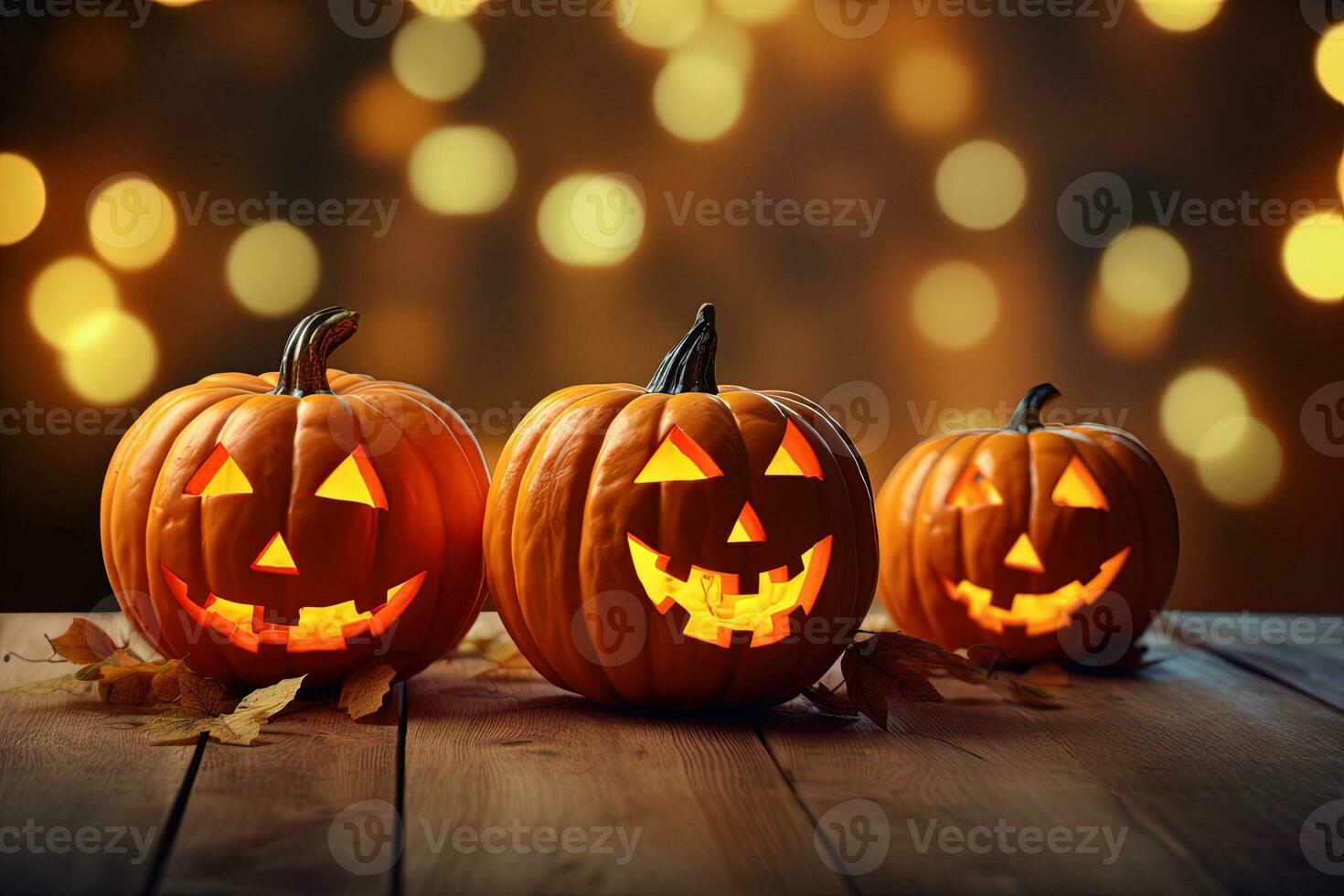 Halloween pumpkins on wooden table with bokeh lights background AI Generated photo