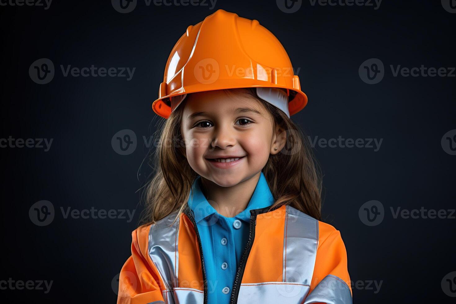 retrato de un sonriente pequeño niña en un construcción casco ai generado foto