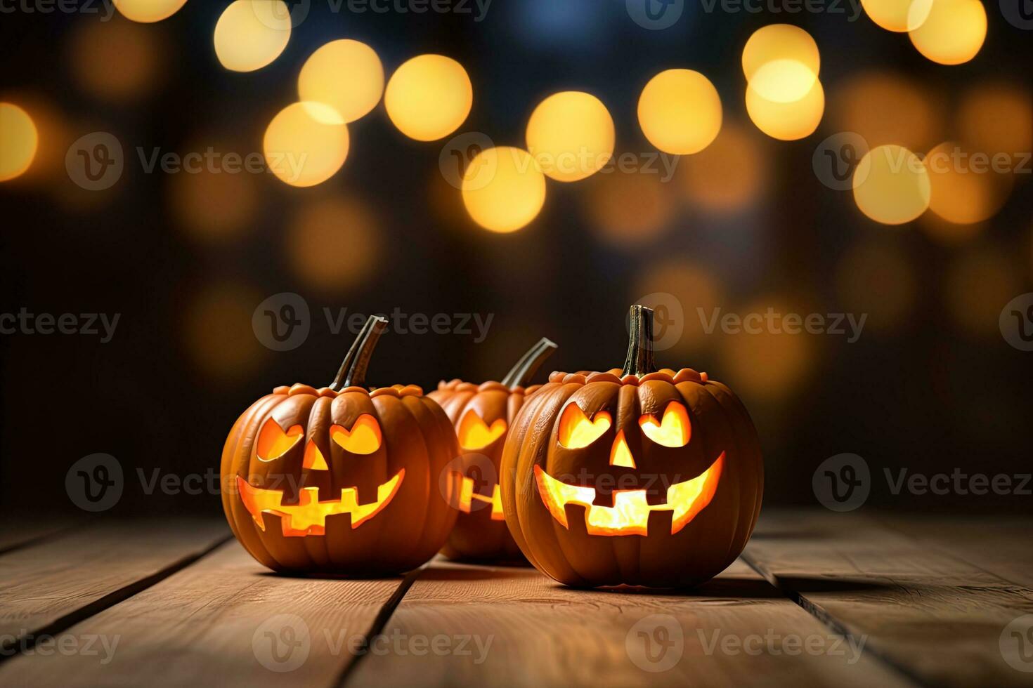 Halloween pumpkins on wooden table with bokeh lights background AI Generated photo