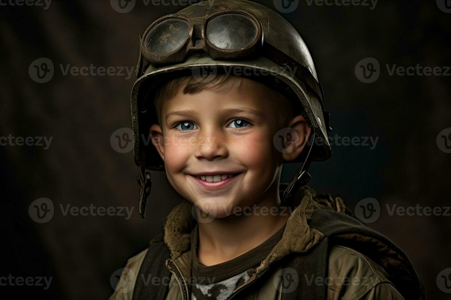 retrato de un linda pequeño chico en militar uniforme en oscuro antecedentes ai generado foto