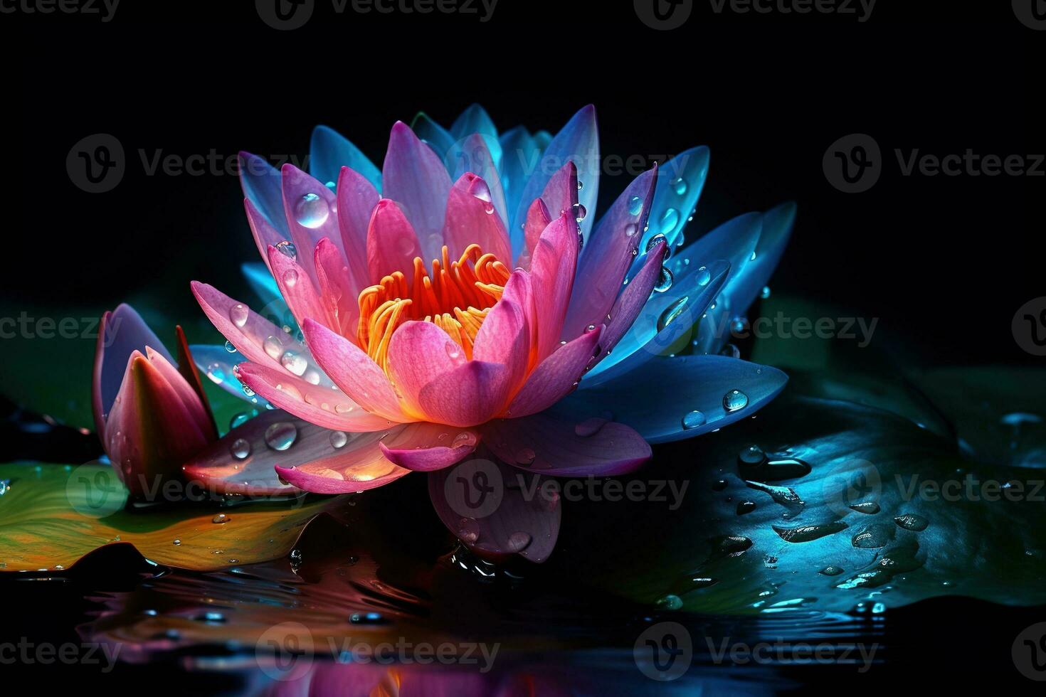 Beautiful pink water lily or lotus flower on dark background AI Generated photo