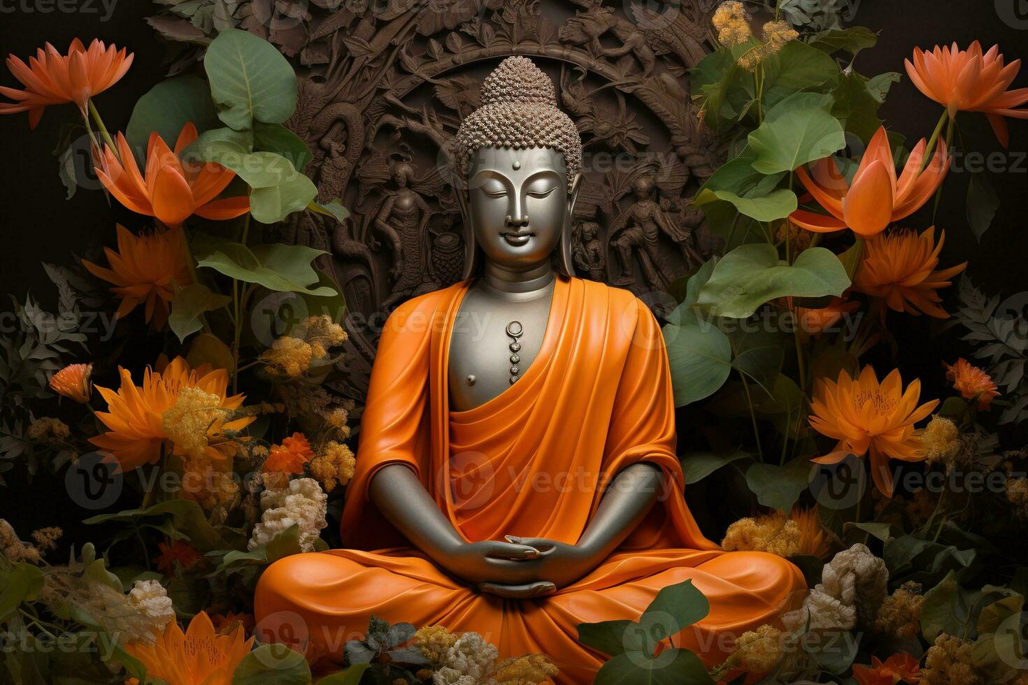 Buddha statue surrounded by orange flowers on a black background AI Generated photo