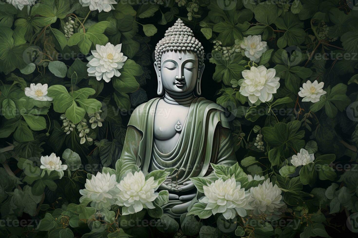 Buddha statue with lotus flower and green leaves background AI Generated photo