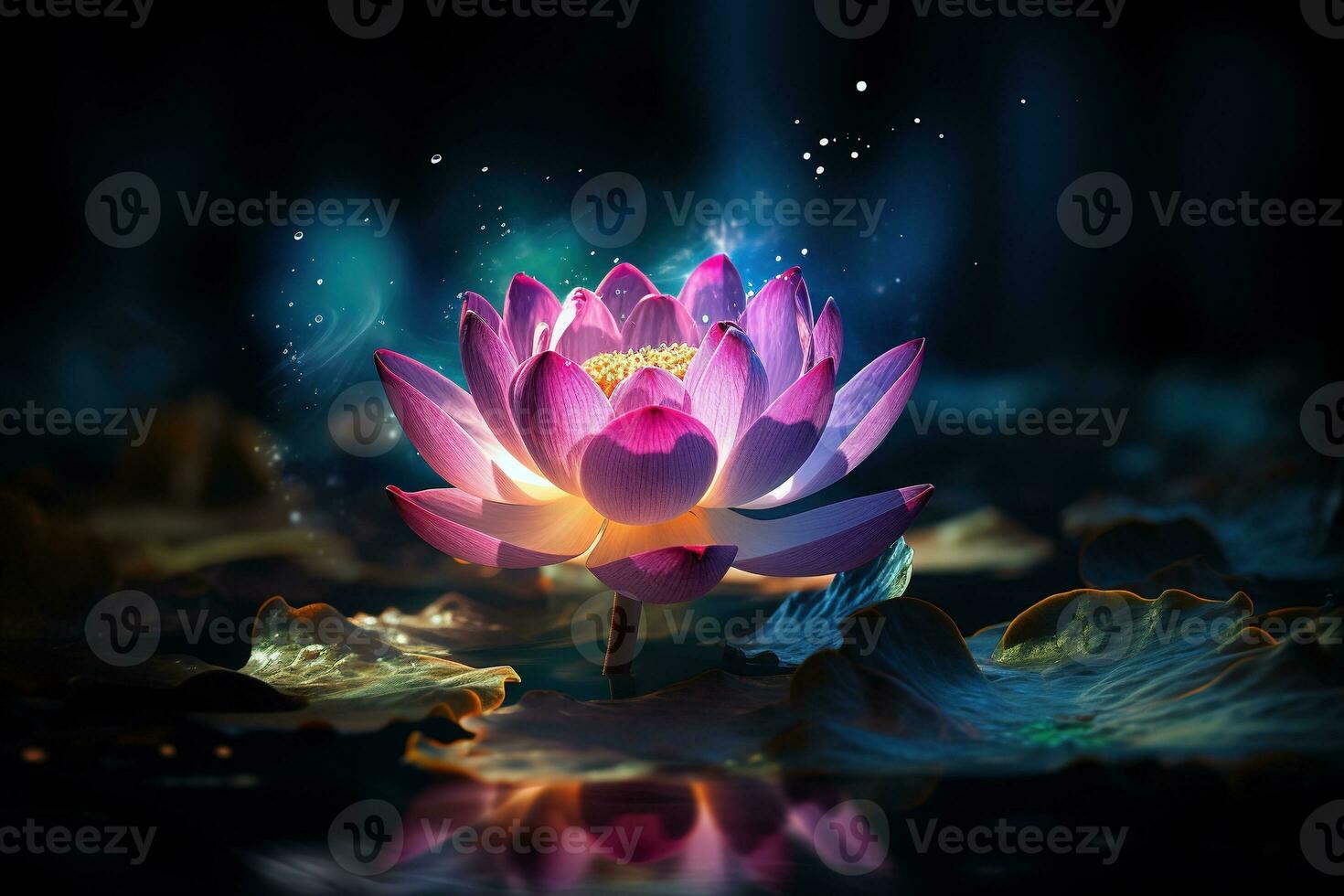 Beautiful pink water lily or lotus flower on dark background AI Generated photo