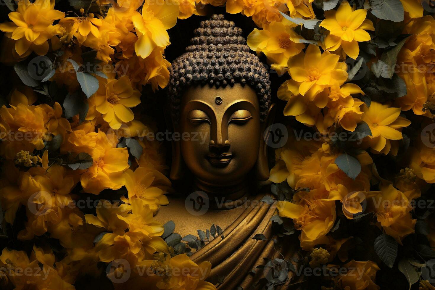 buddha statue surrounded by yellow flowers AI Generated photo