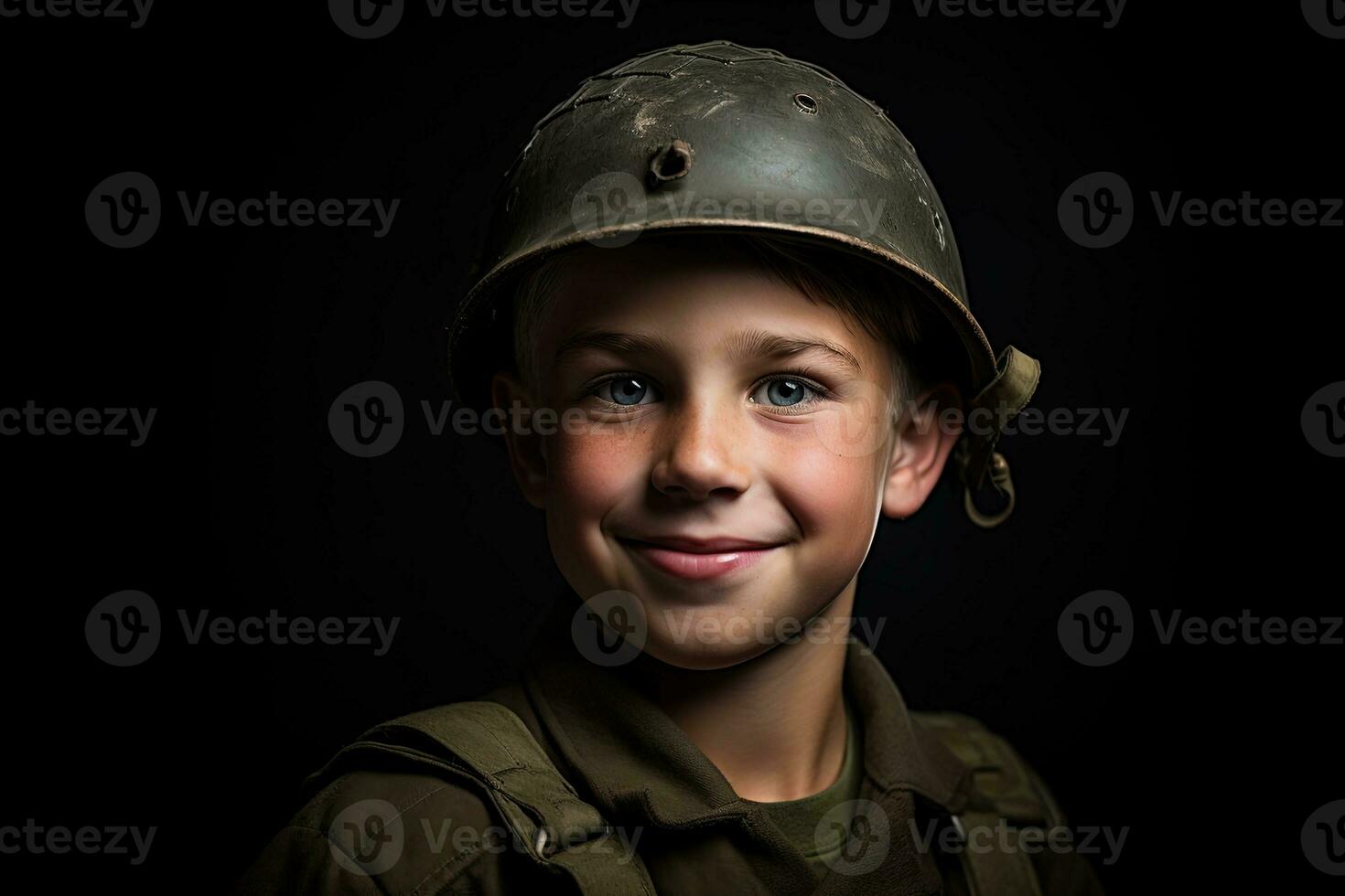 retrato de un linda pequeño chico en militar uniforme en oscuro antecedentes ai generado foto