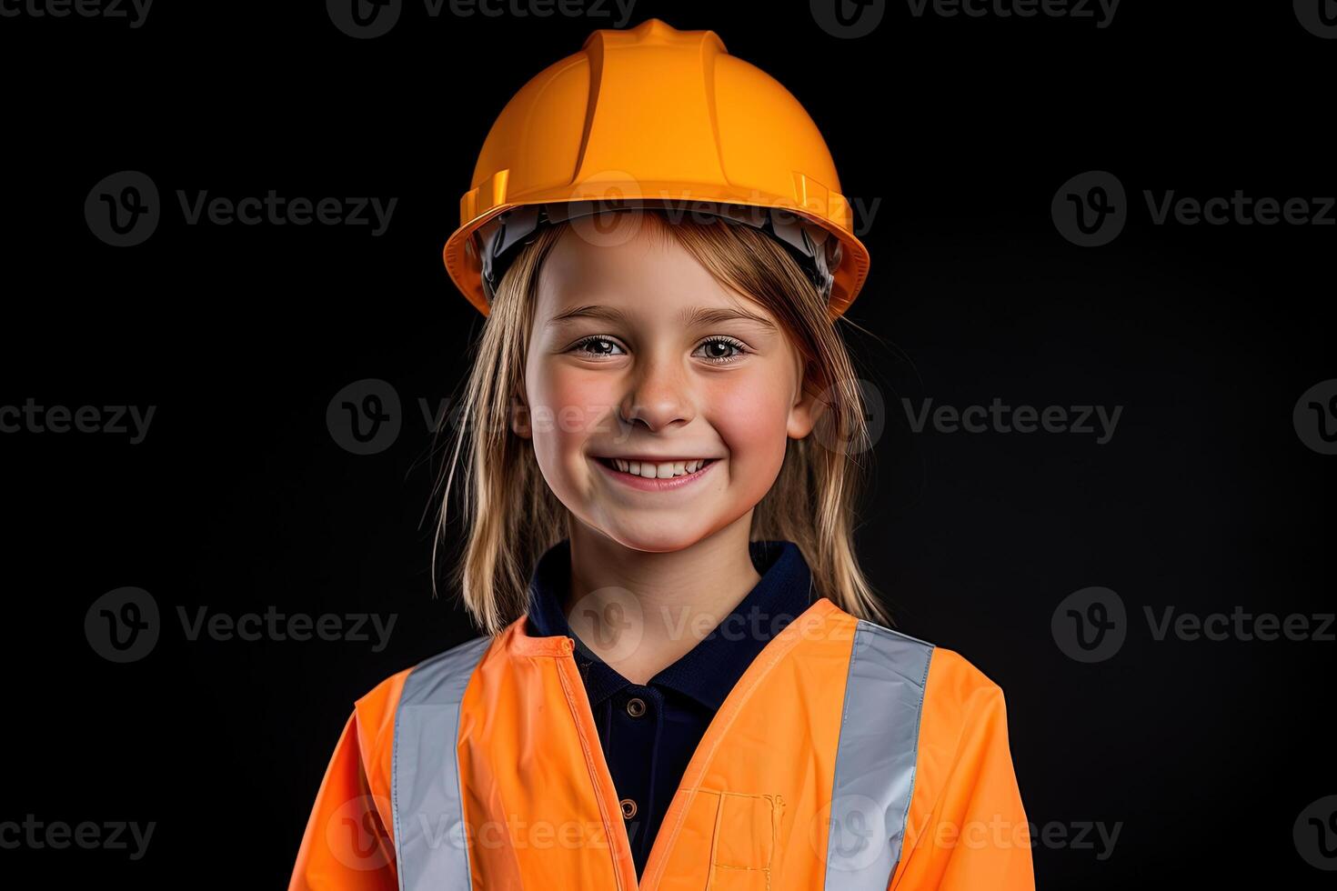 Portrait of a smiling little girl in a construction helmet photo