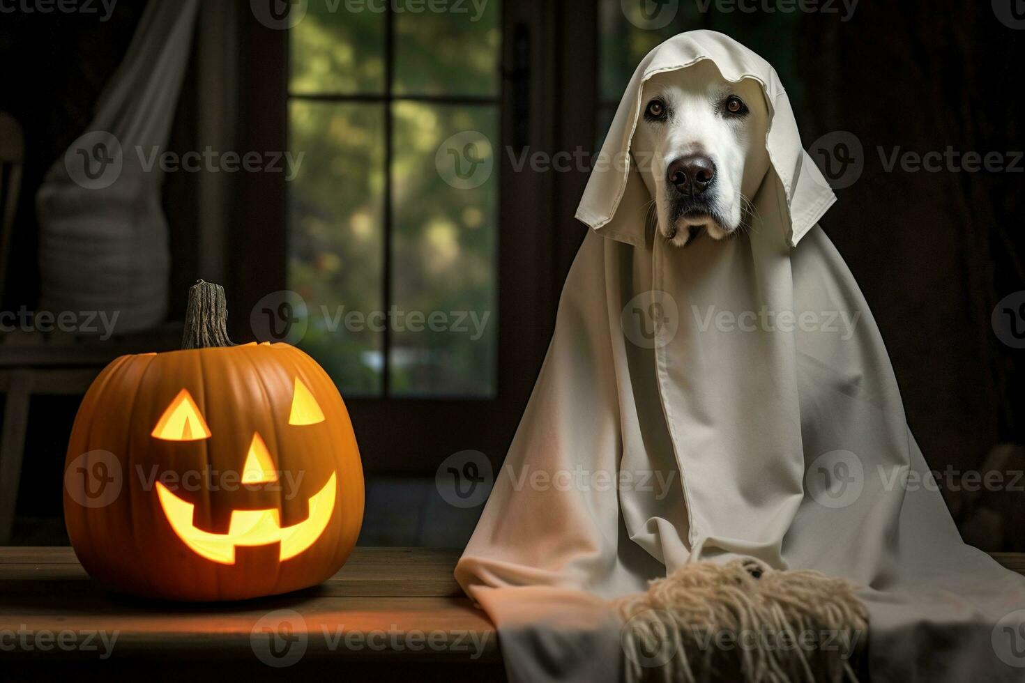 Halloween theme. dog in ghost costume with pumpkins on dark background AI Generated photo