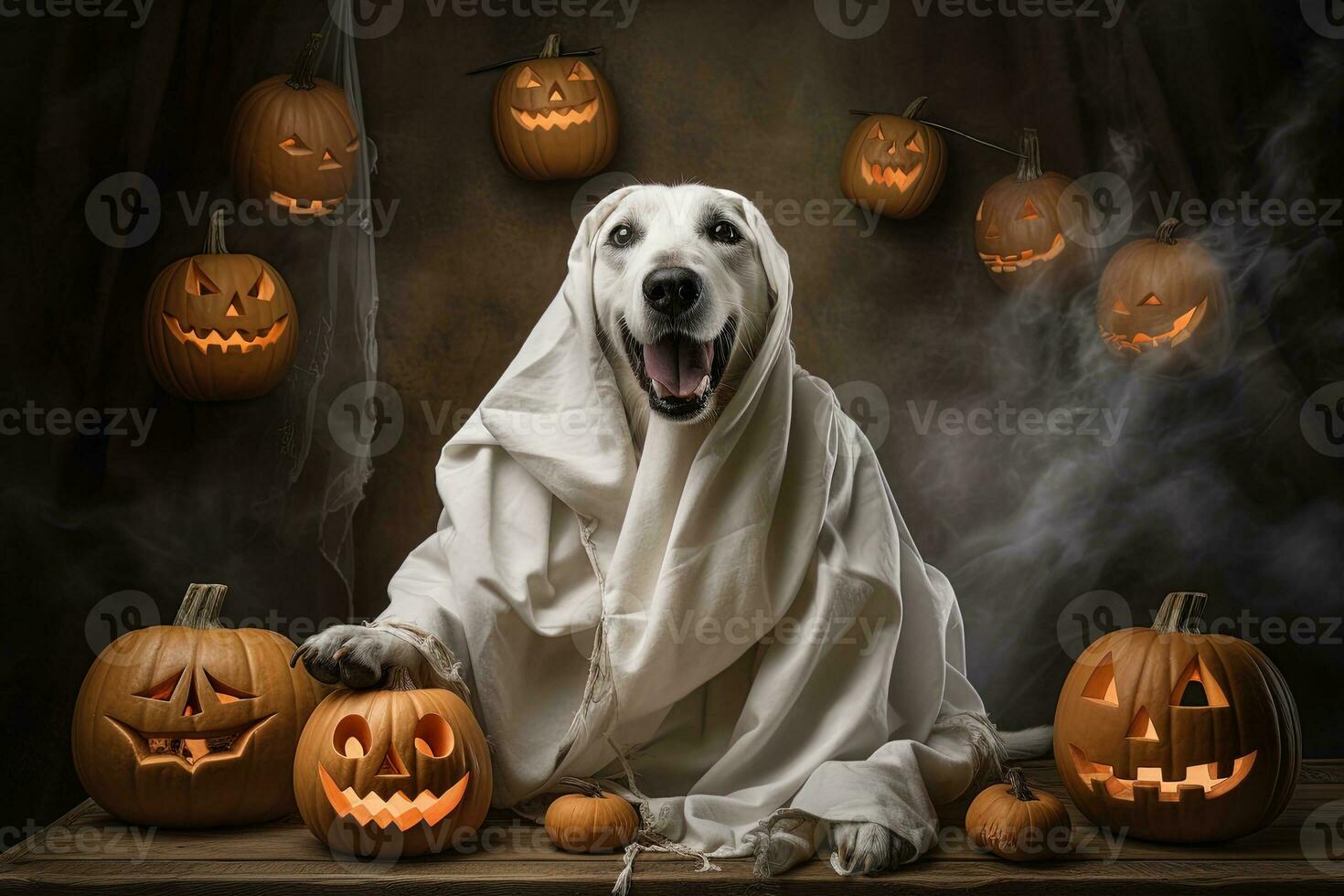 Halloween theme. dog in ghost costume with pumpkins on dark background AI Generated photo