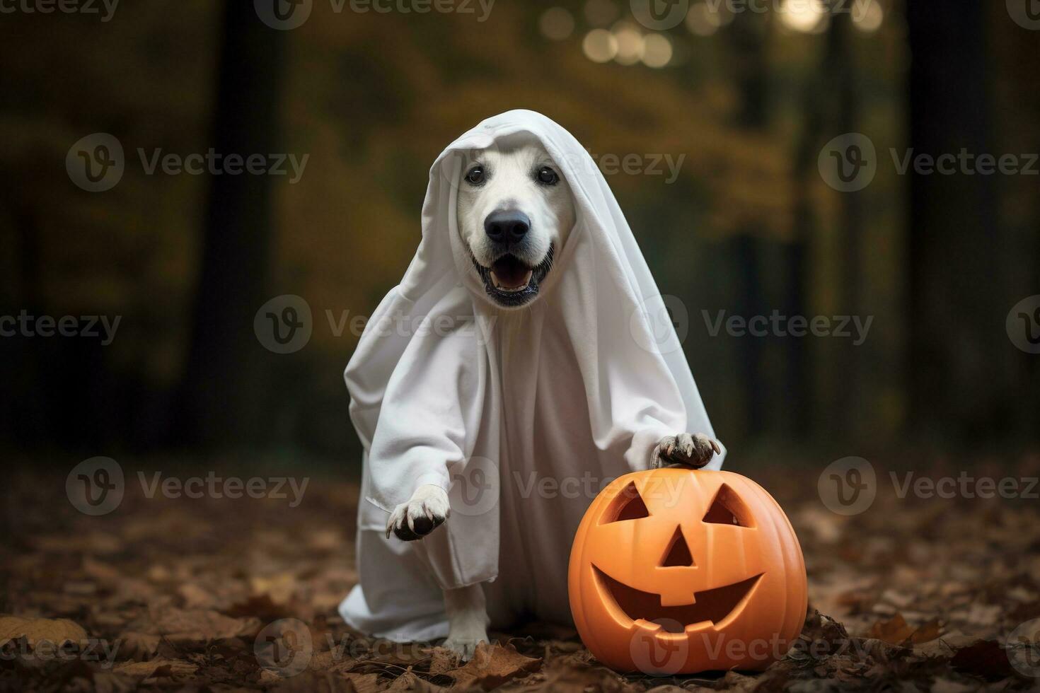 Halloween theme. dog in ghost costume with pumpkins on dark background AI Generated photo