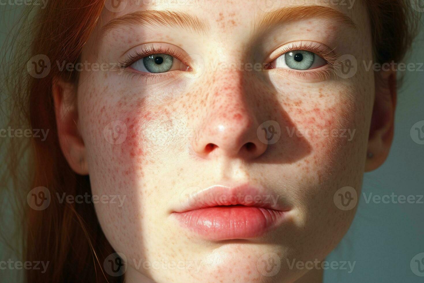 a close up of a woman with freckles,rosacea couperose redness skin AI generated photo