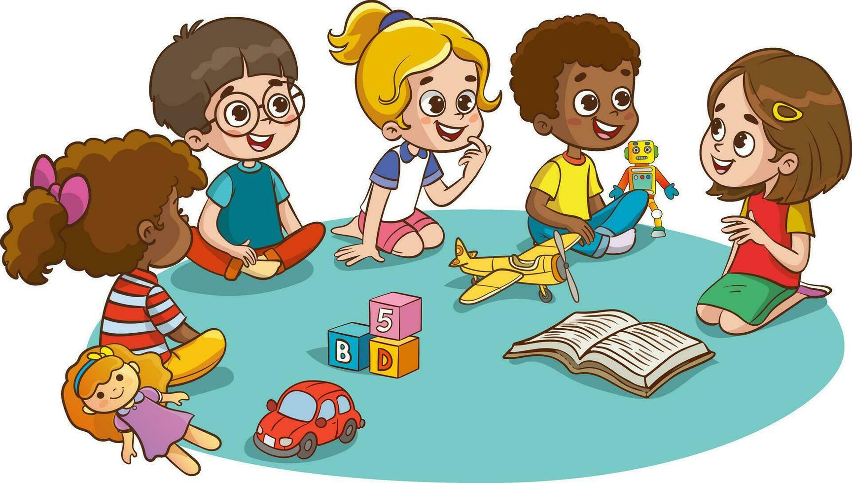Kids playing with educational games in kindergarten room. Kids talking together in kindergarden. Poster with the place for your text. Playroom with children. vector