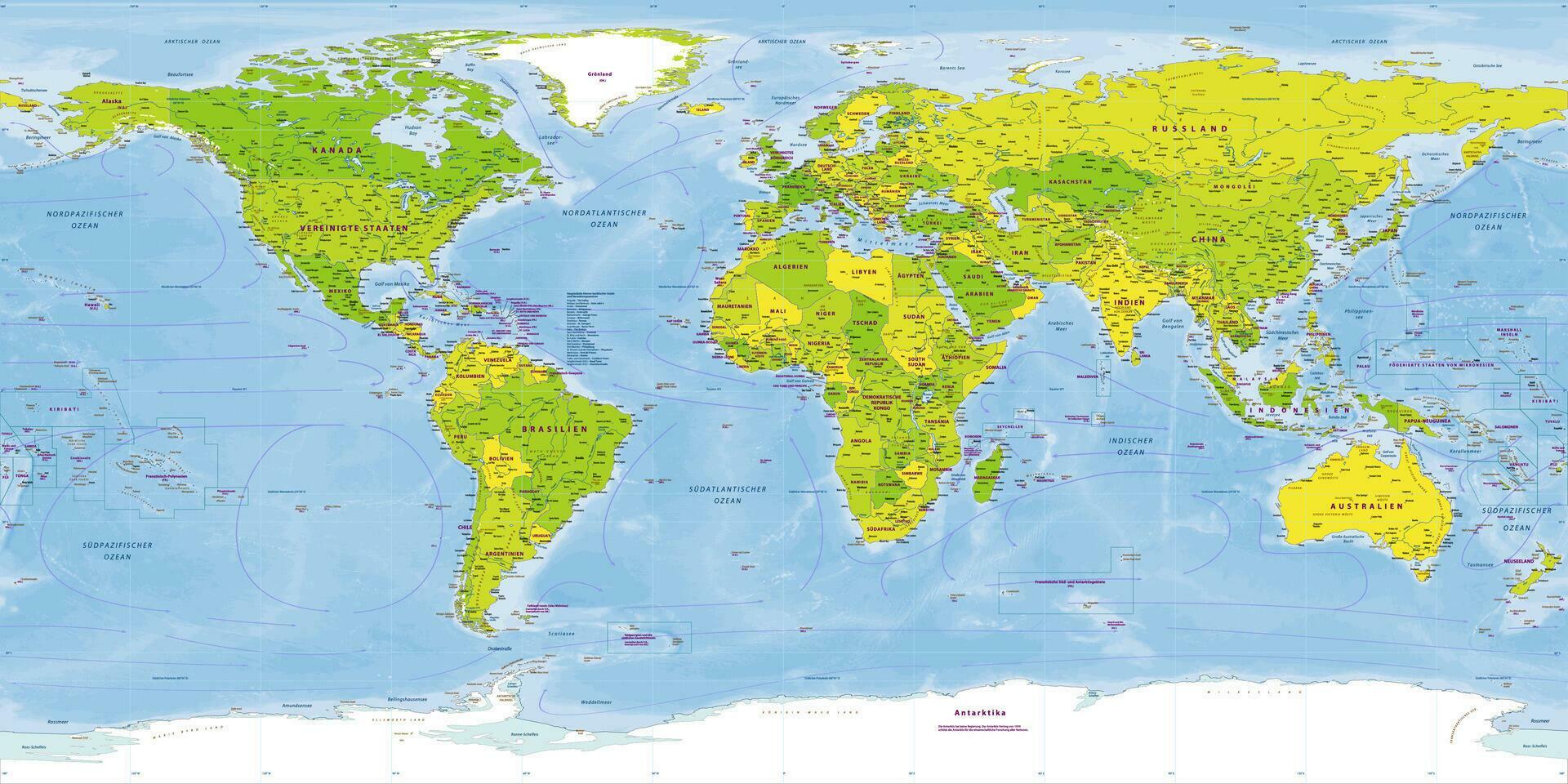 World Map Political German Language Version Equirectangular projection