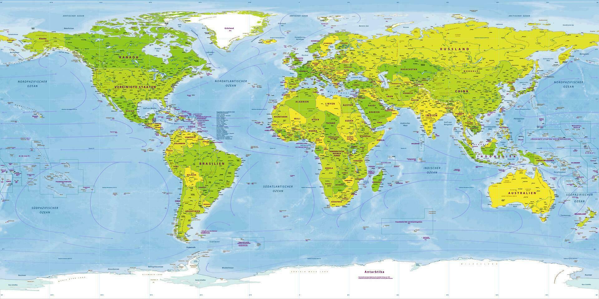 World Map Political German Language Version Equirectangular projection vector