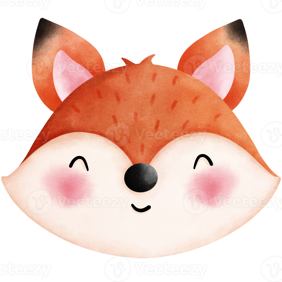 Watercolor happy fox illustration. Cute Animal Head illustration. png