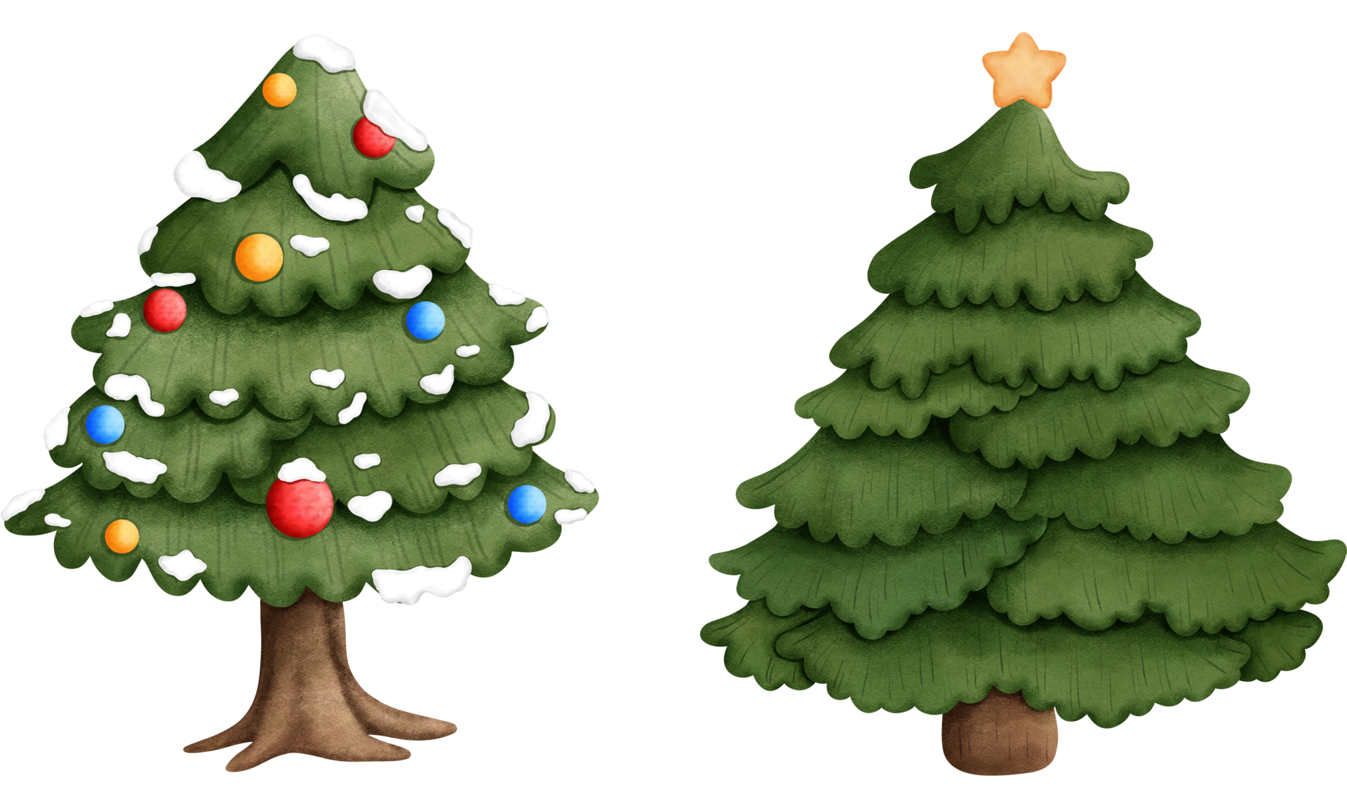 Set of watercolor christmas trees with christmas ornaments clipart