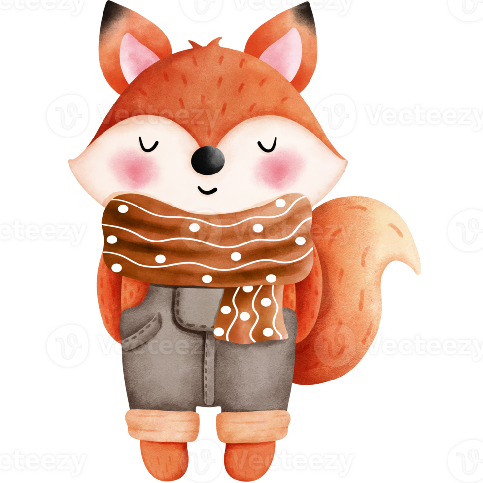 Whimsical fall fox character. Watercolor autumn animal clipart for seasonal decoration. png