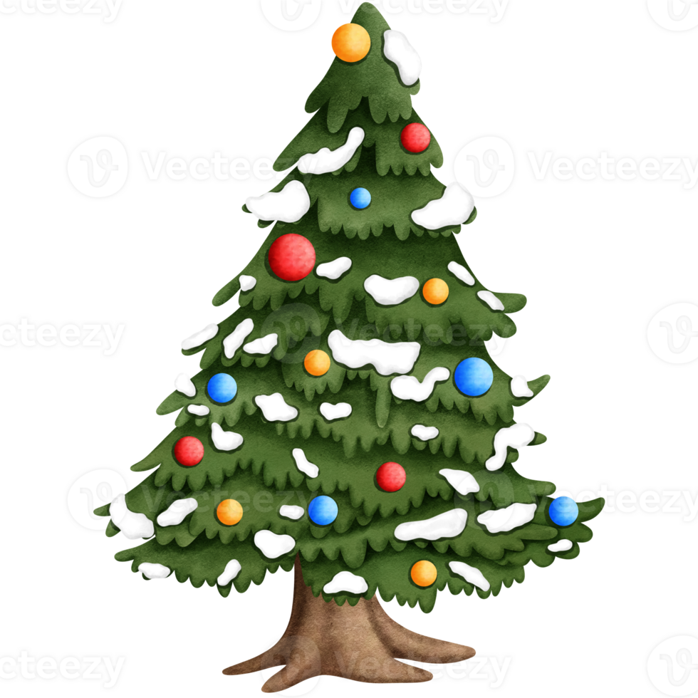 Watercolor christmas tree with christmas lights and snow clipart