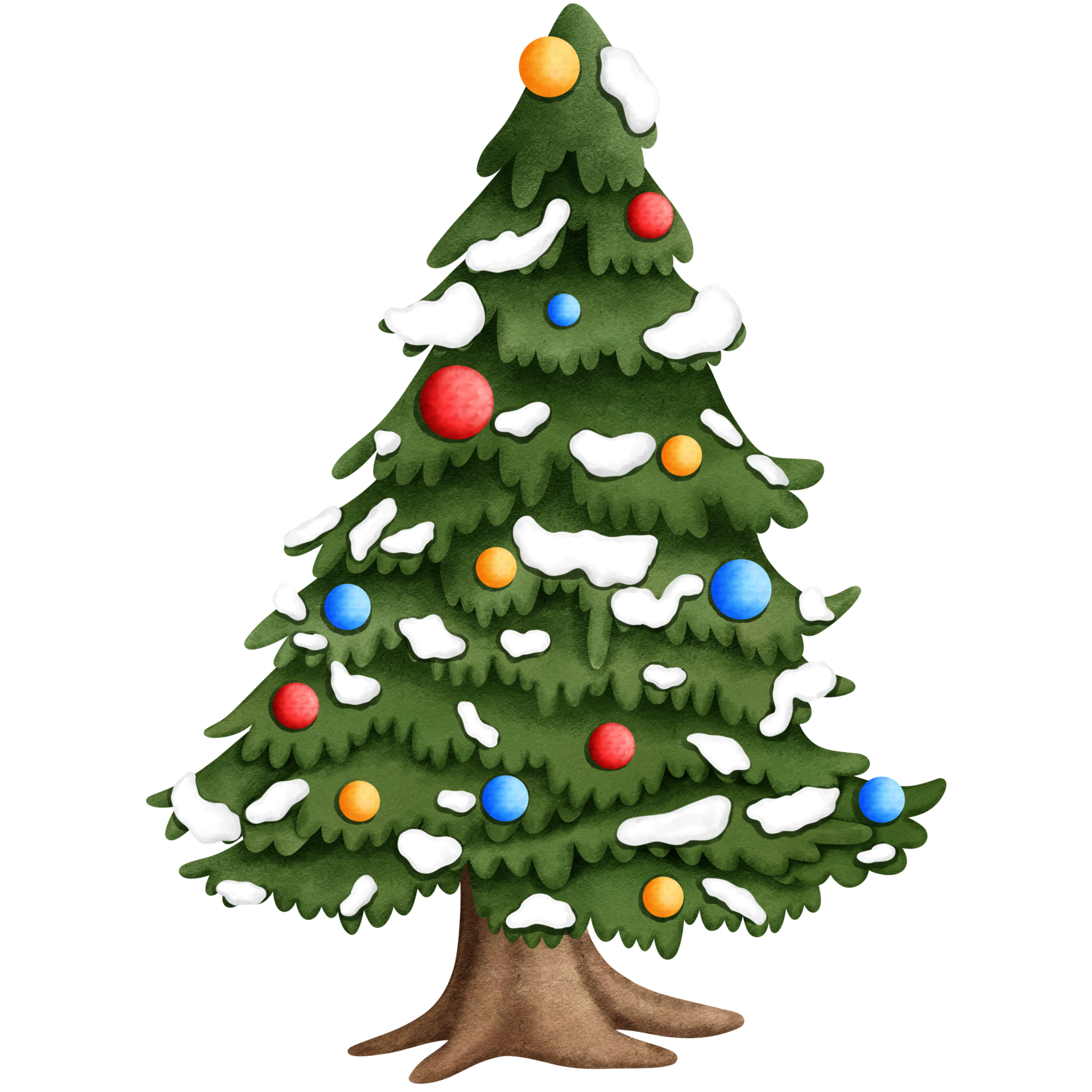 Watercolor christmas tree with christmas lights and snow clipart