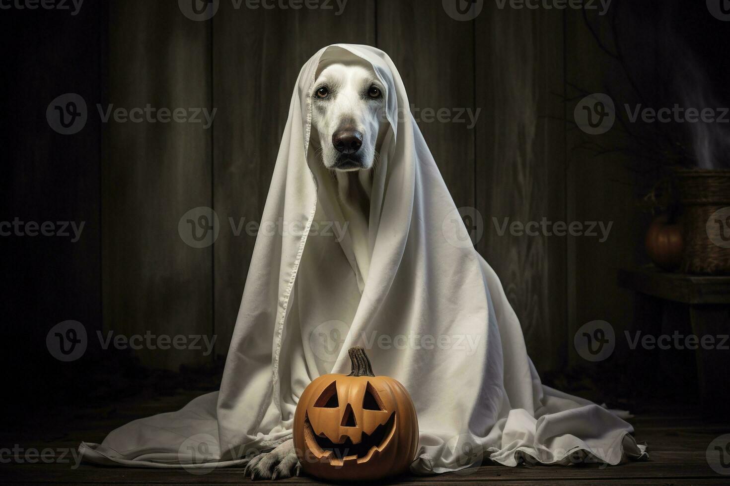 Halloween theme. dog in ghost costume with pumpkins on dark background AI Generated photo