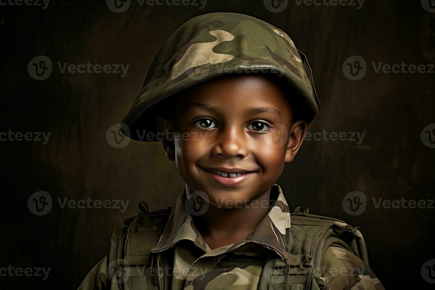 retrato de un linda pequeño chico en militar uniforme en oscuro antecedentes ai generado foto