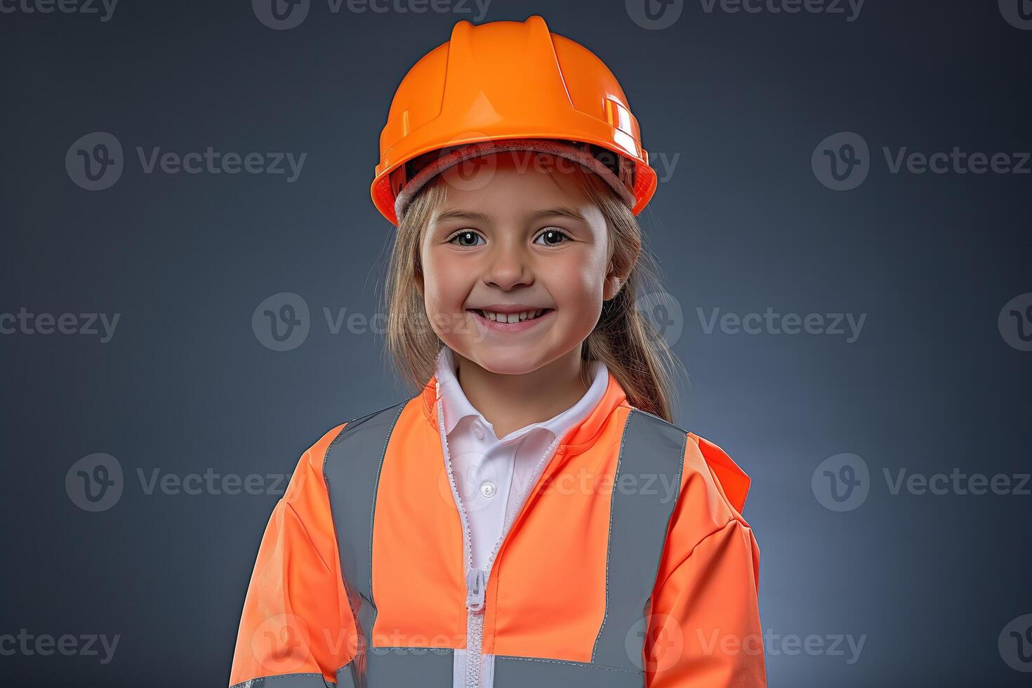 Portrait of a smiling little girl in a construction helmet photo