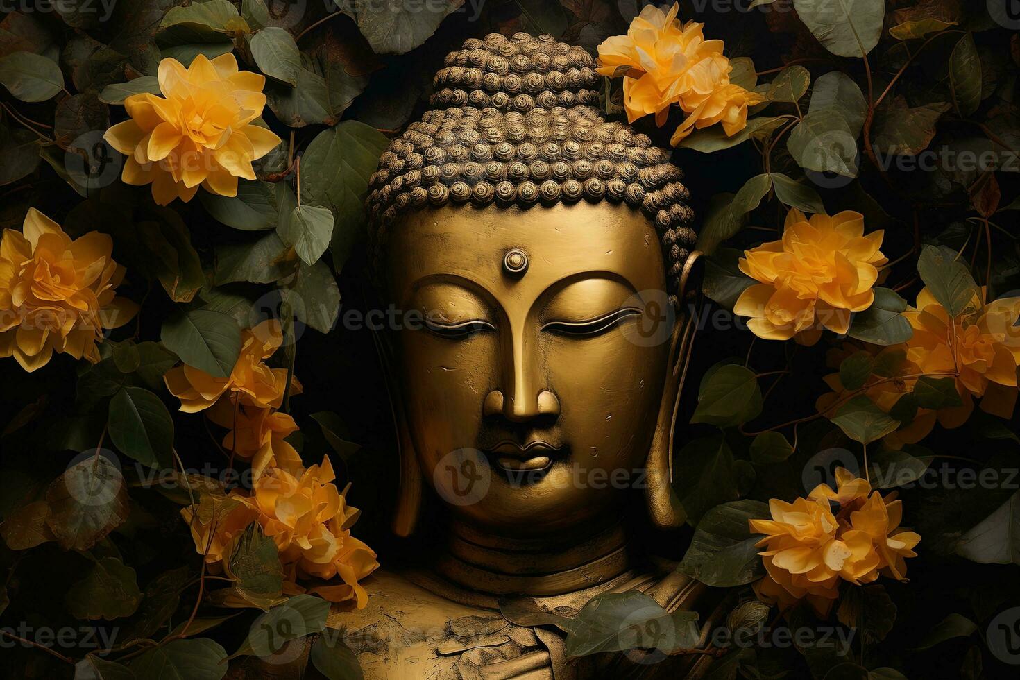 a golden buddha statue surrounded by flowers AI Generated photo