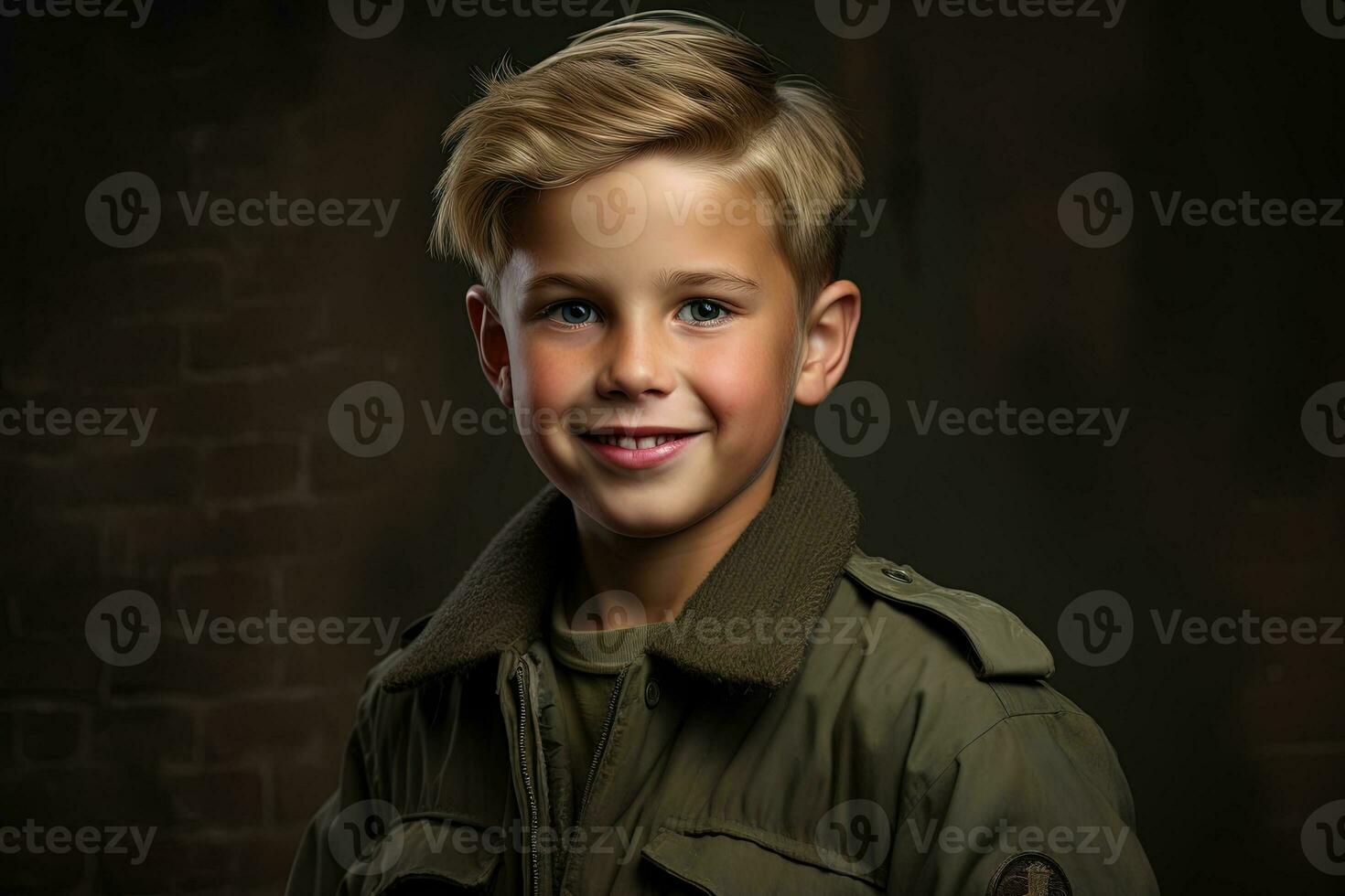 retrato de un linda pequeño chico en militar uniforme en oscuro antecedentes ai generado foto